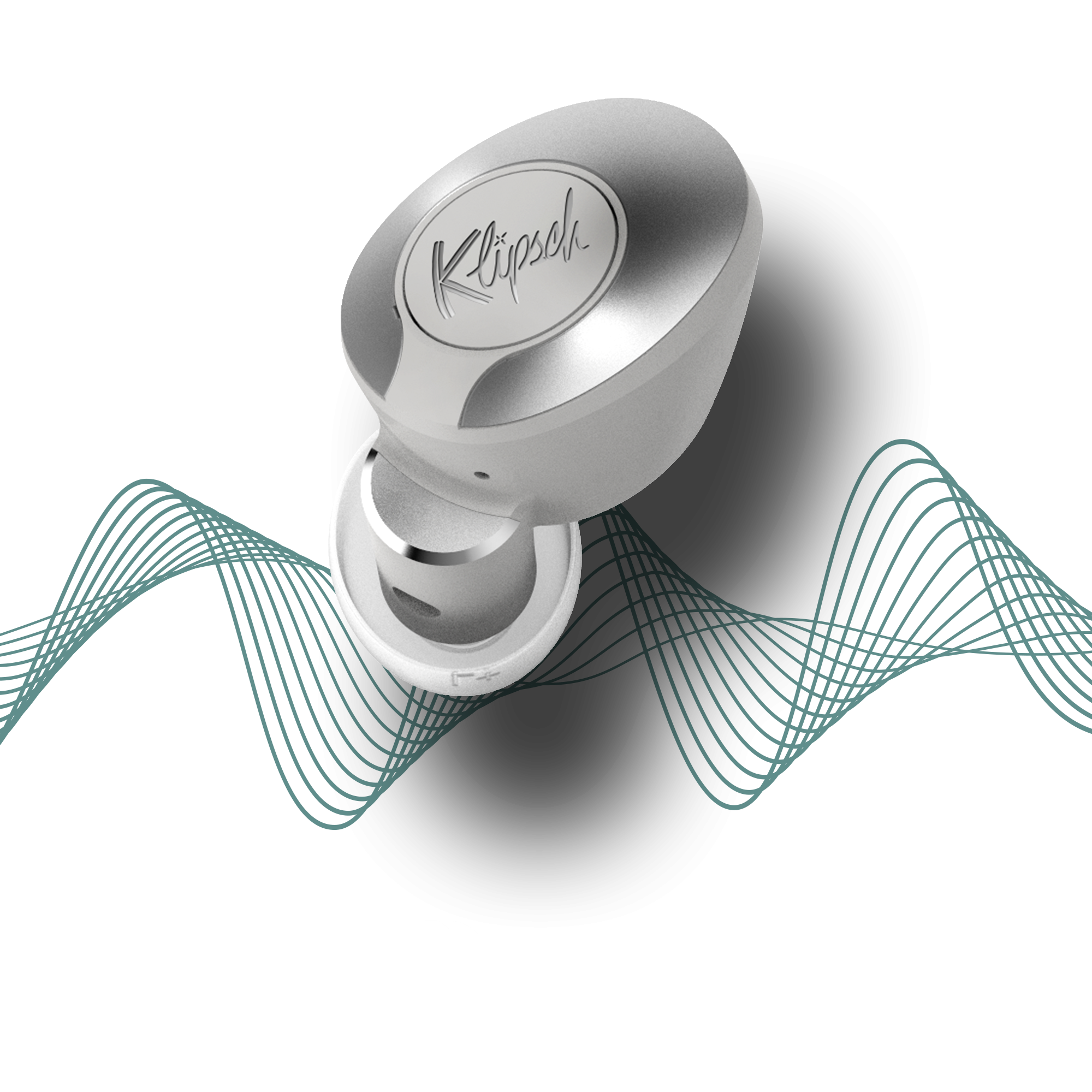 Klipsch T5 II True Wireless ANC earphone with an illustration of wavy lines and a Dirac logo Mobile