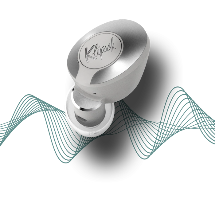 Klipsch T5 II True Wireless ANC earphone with an illustration of wavy lines and a Dirac logo Mobile