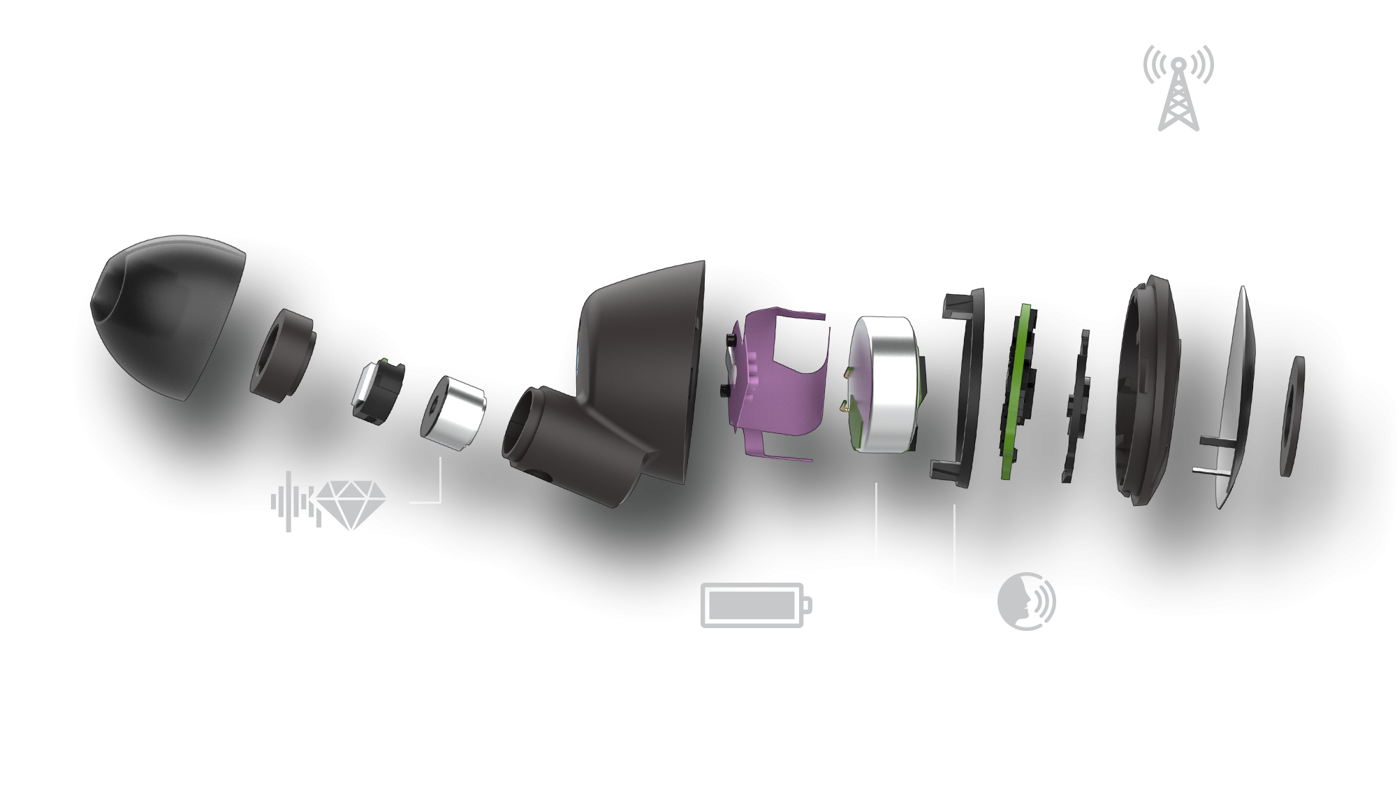Klipsch T5 II True Wireless Earphone Features in an exploded diagram Desktop