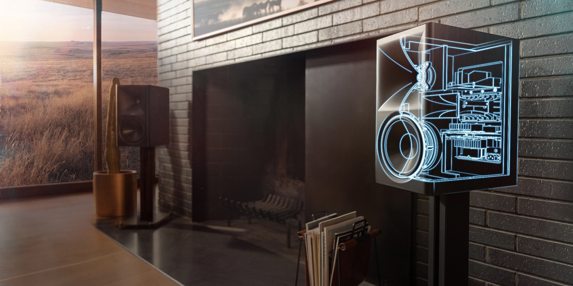 Klipsch The Nines II is powered by Onkyo on speaker stands with line drawing tech overlay in Onkyo blue 2000x1000