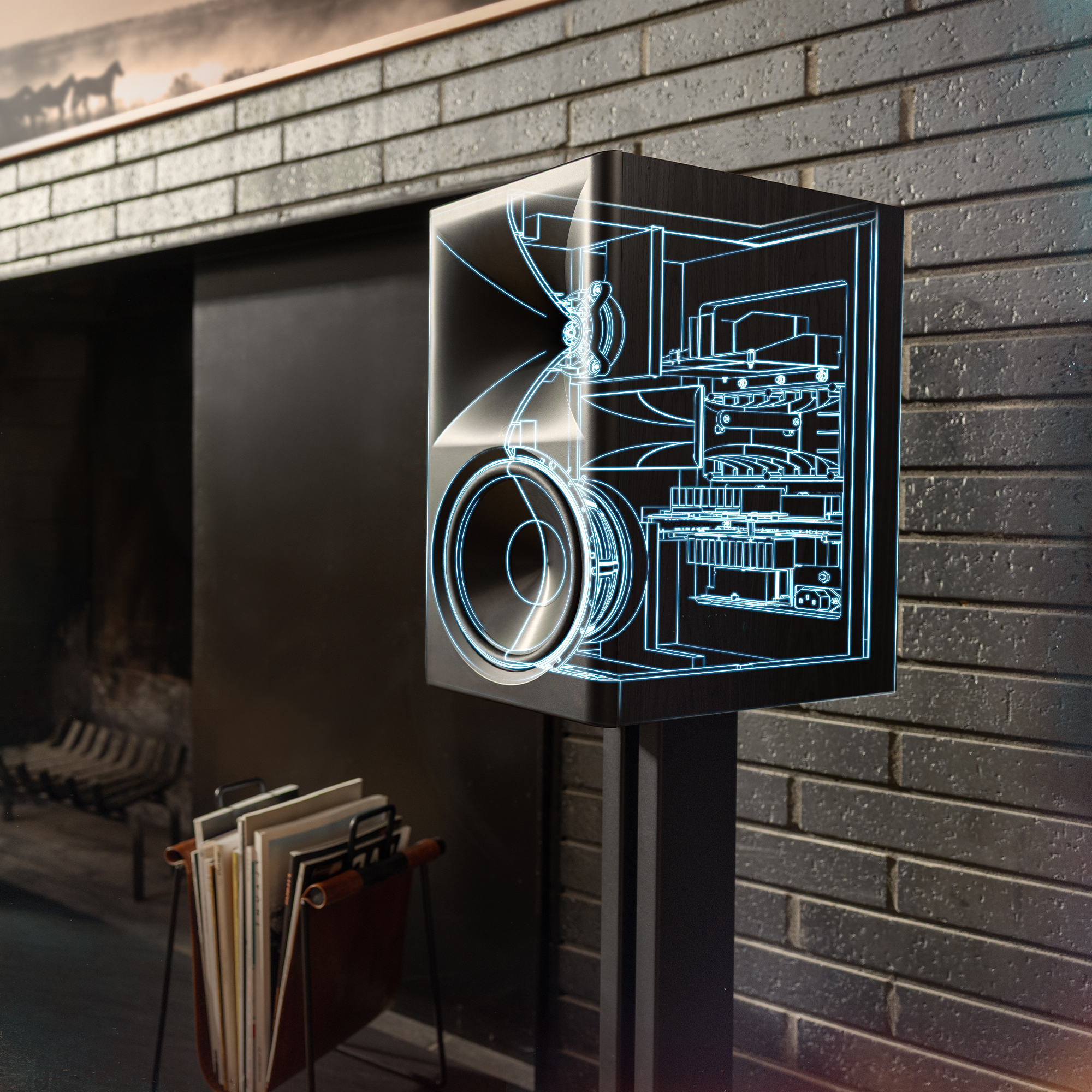 Klipsch The Nines II is powered by Onkyo on speaker stands with line drawing tech overlay in Onkyo blue 2000x2000