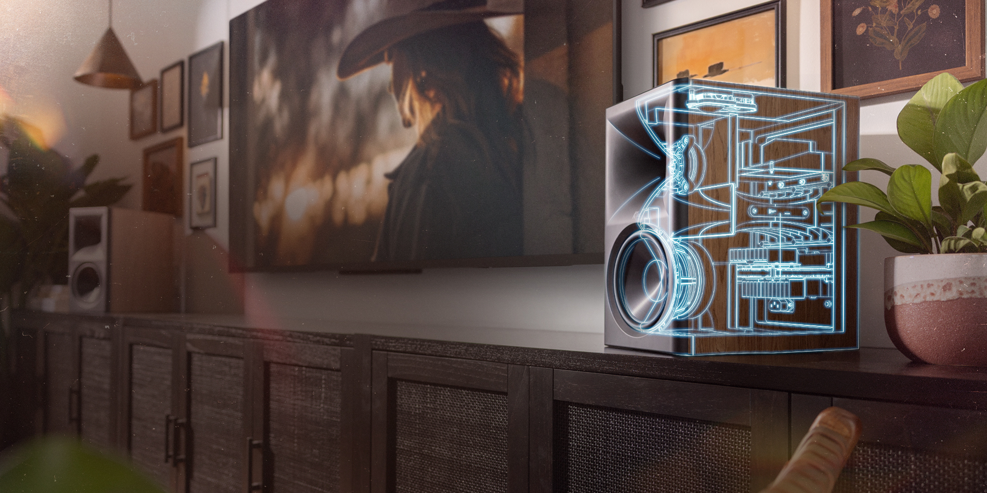 Klipsch The Sevens II is powered by Onkyo on media console with line drawing tech overlay in Onkyo blue 2000x1000