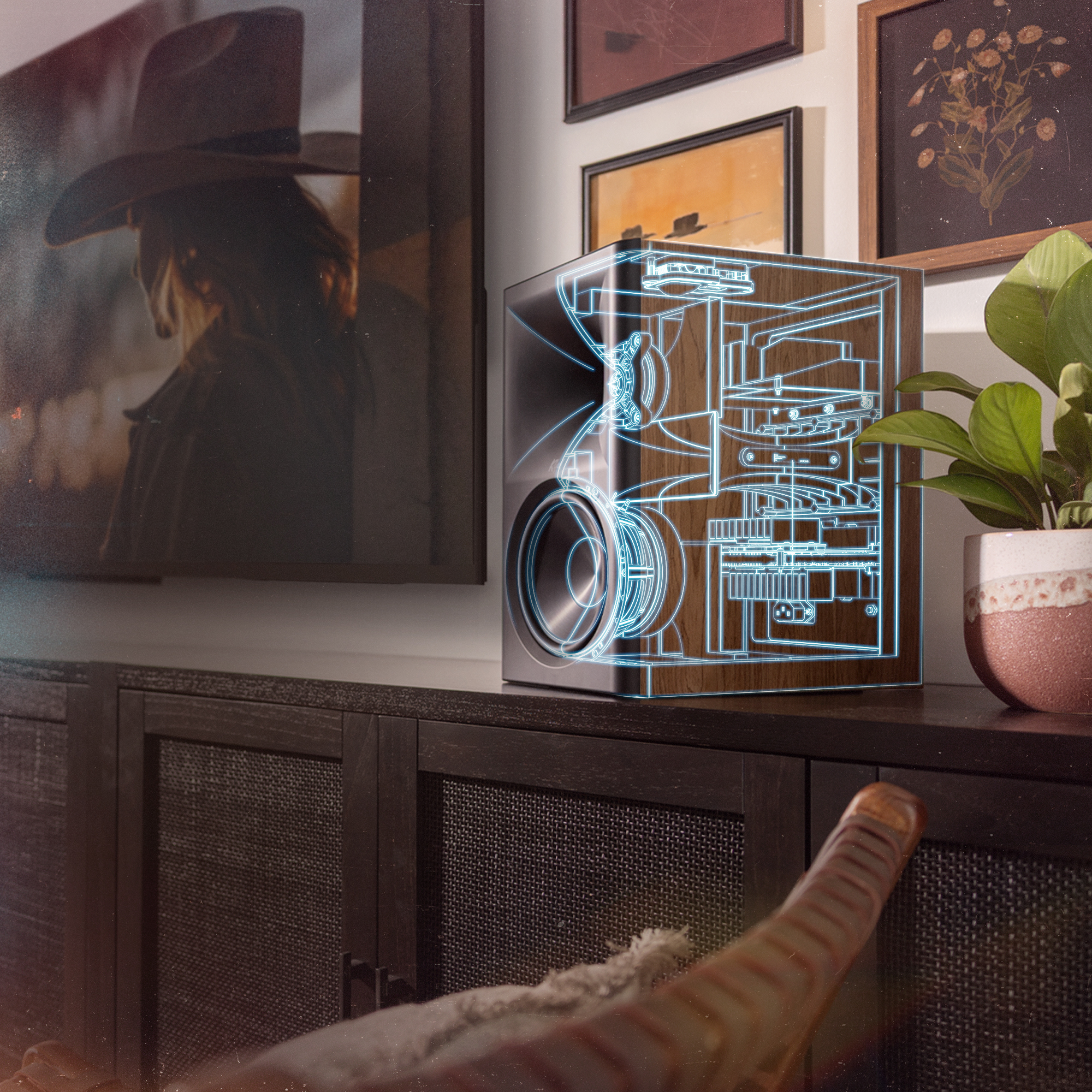 Klipsch The Sevens II is powered by Onkyo on media console with line drawing tech overlay in Onkyo blue 2000x2000