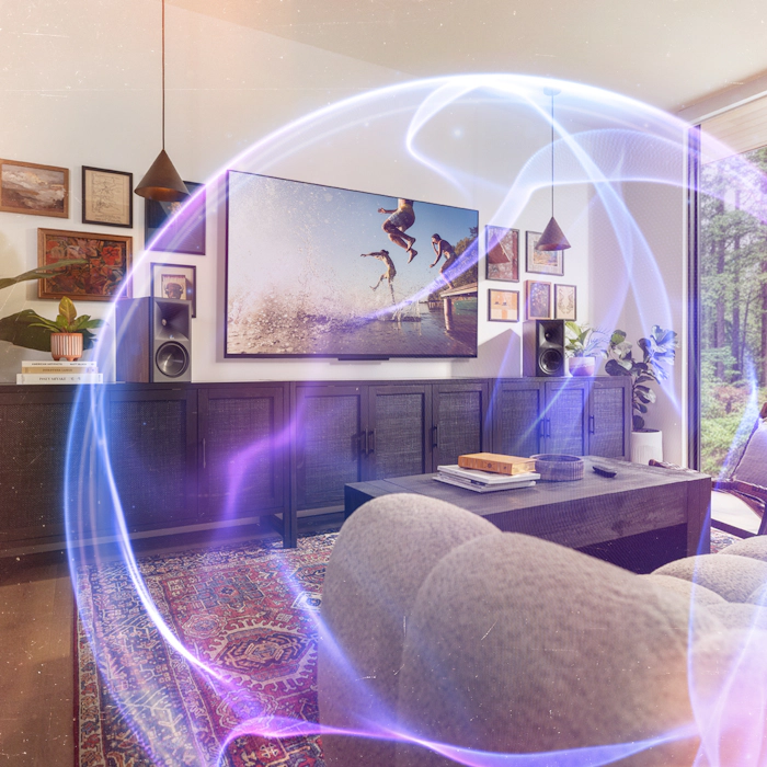 Klipsch The Sevens II with Dolby Atmos sound virtualized as a bubble around engulfing the sweet spot in the room end 2000x2000