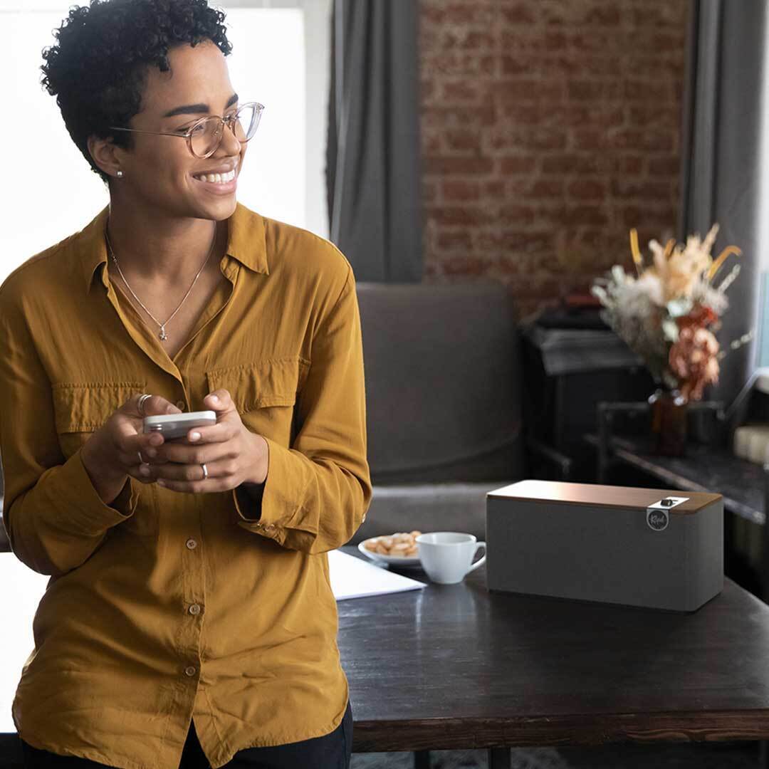 Klipsch The Three Plus on desk luxury design MOBILE