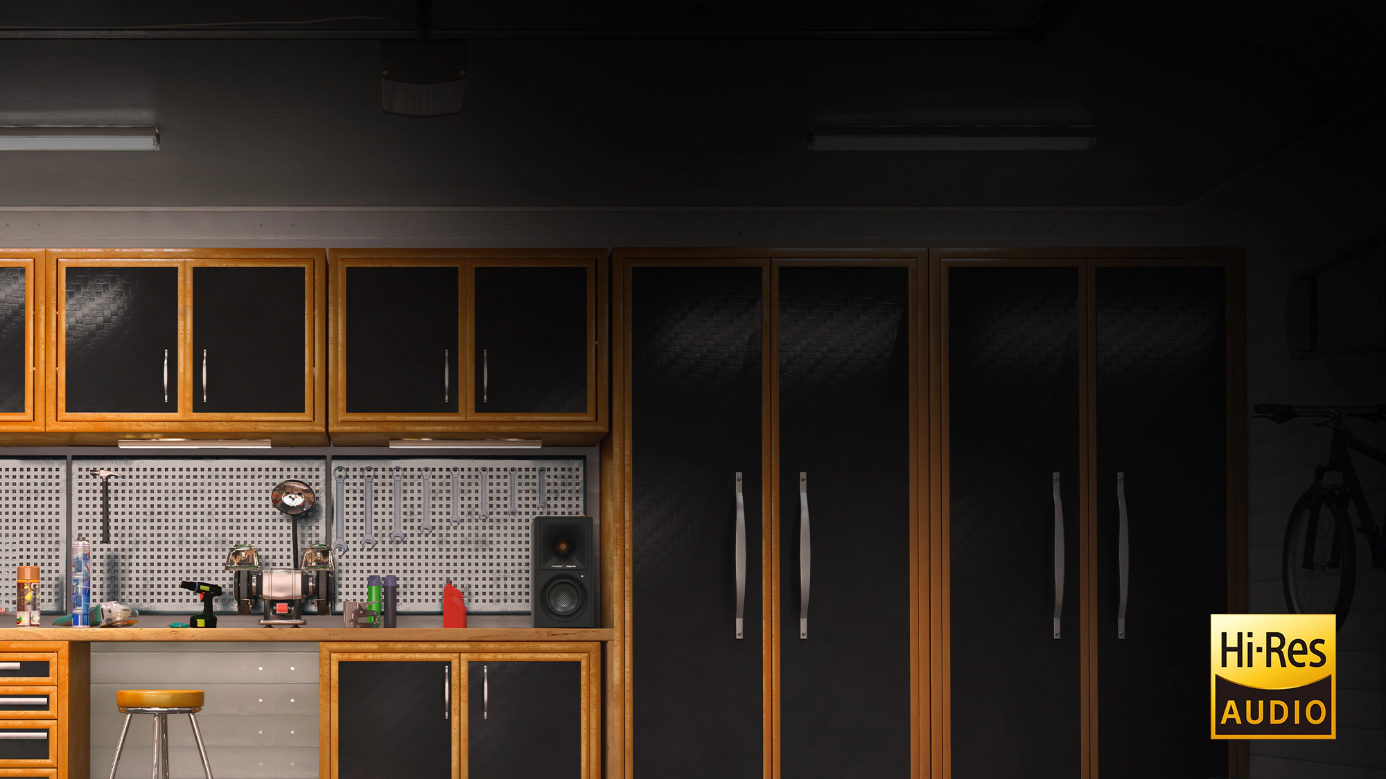 Klipsch the Fives Mc Laren Edition in a garage setting Desktop