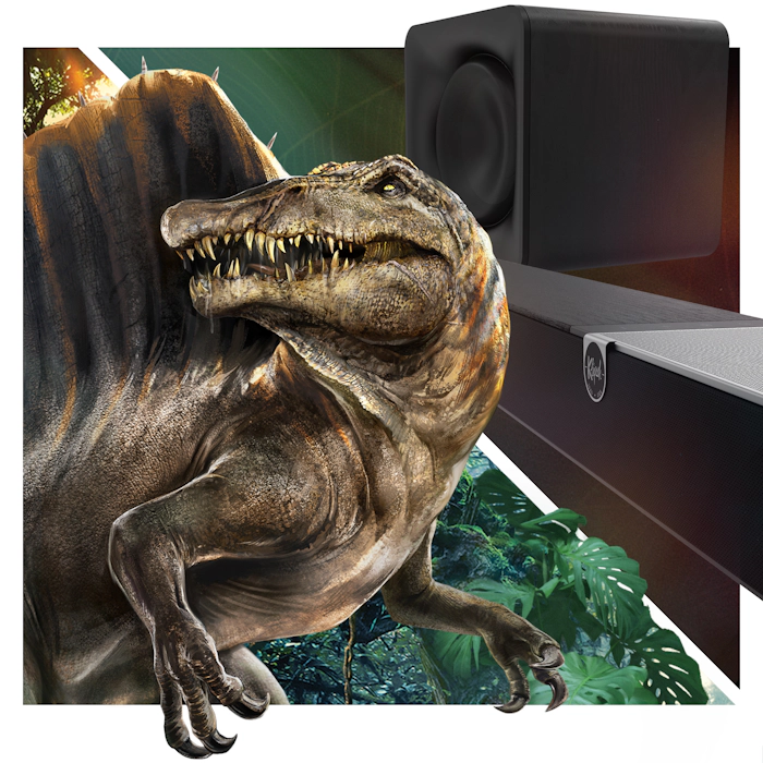 Klipsch x Jurassic World Rebirth EMEAAPAC 2 Mobile Spinosaurus creeping near Flexus Sound System 2000x2000