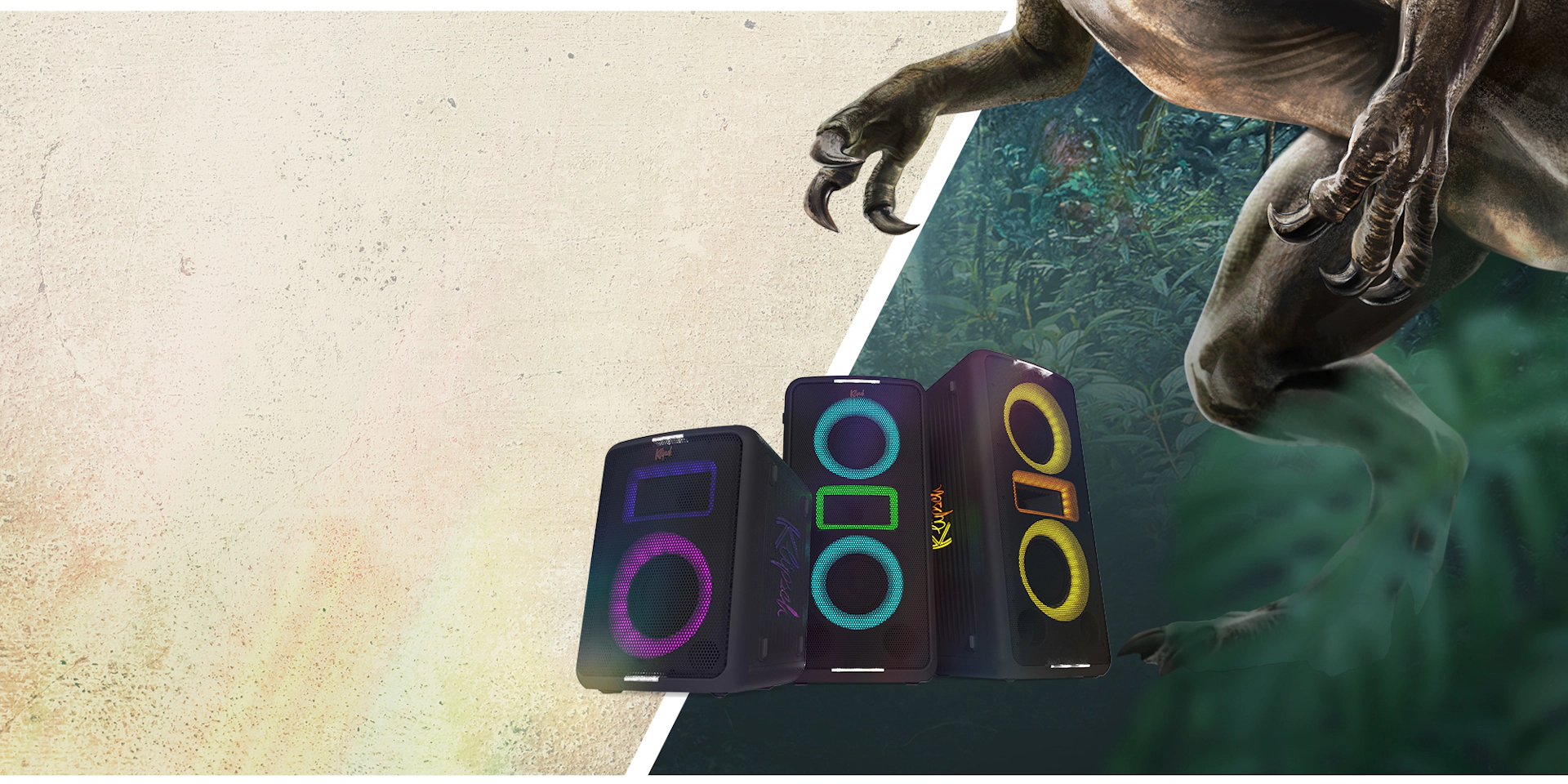 Klipsch x Jurassic World Rebirth EMEAAPAC 3 party speakers next to Spinosaurus 2000x1000