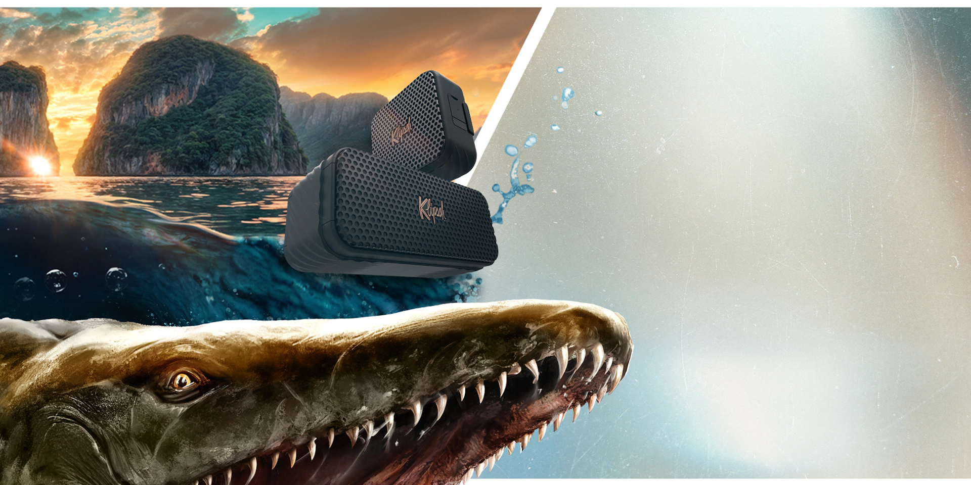 Klipsch x Jurassic World Rebirth EMEAAPAC 4 Mosasaurus swimming below Klipsch Music City portable speakers 2000x1000