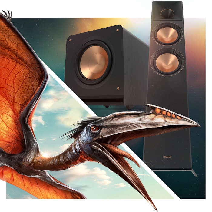 Klipsch x Jurassic World Rebirth EMEAAPAC 4 Mobile Quetzalcoatlus flying near Reference Premiere speakers 2000x2000