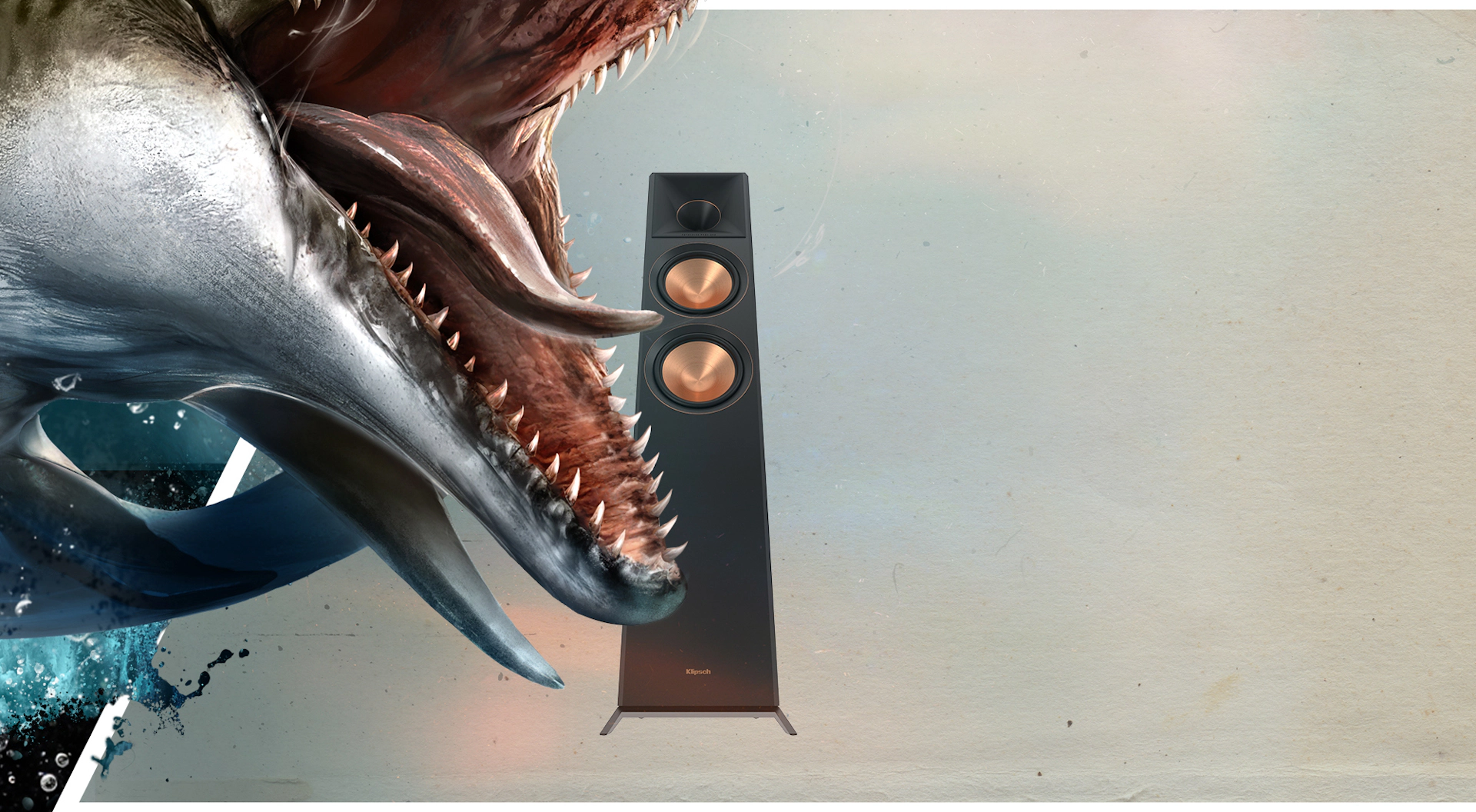 Klipsch x Jurassic World Rebirth EMEAAPAC 5 Mosasaurus nearly chomping Klipsch Reference Premiere floorstanding speaker 2000x1100
