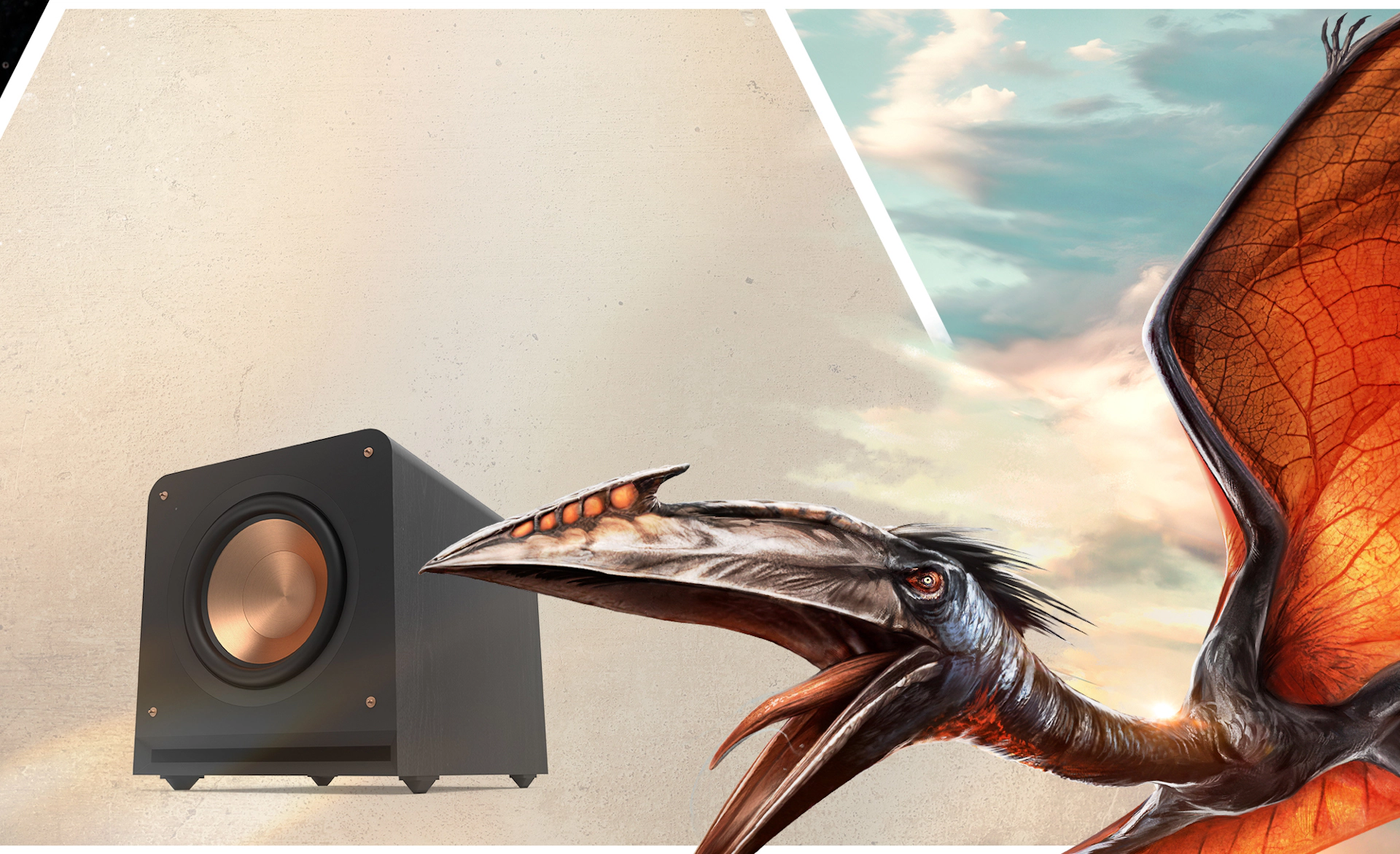 Klipsch x Jurassic World Rebirth EMEAAPAC 6 RP Subwoofer beside large Quetzalcoatlus