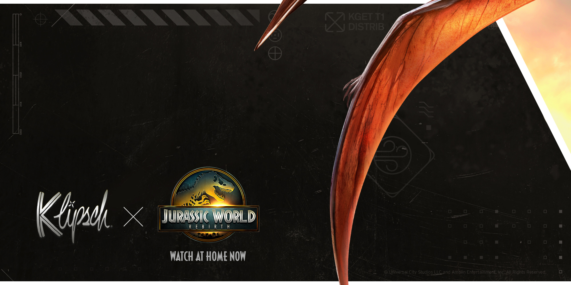 Klipsch x Jurassic World Rebirth NA At Home 7 Logos beside bottom of Quetzalcoatlus wing 2000x1000
