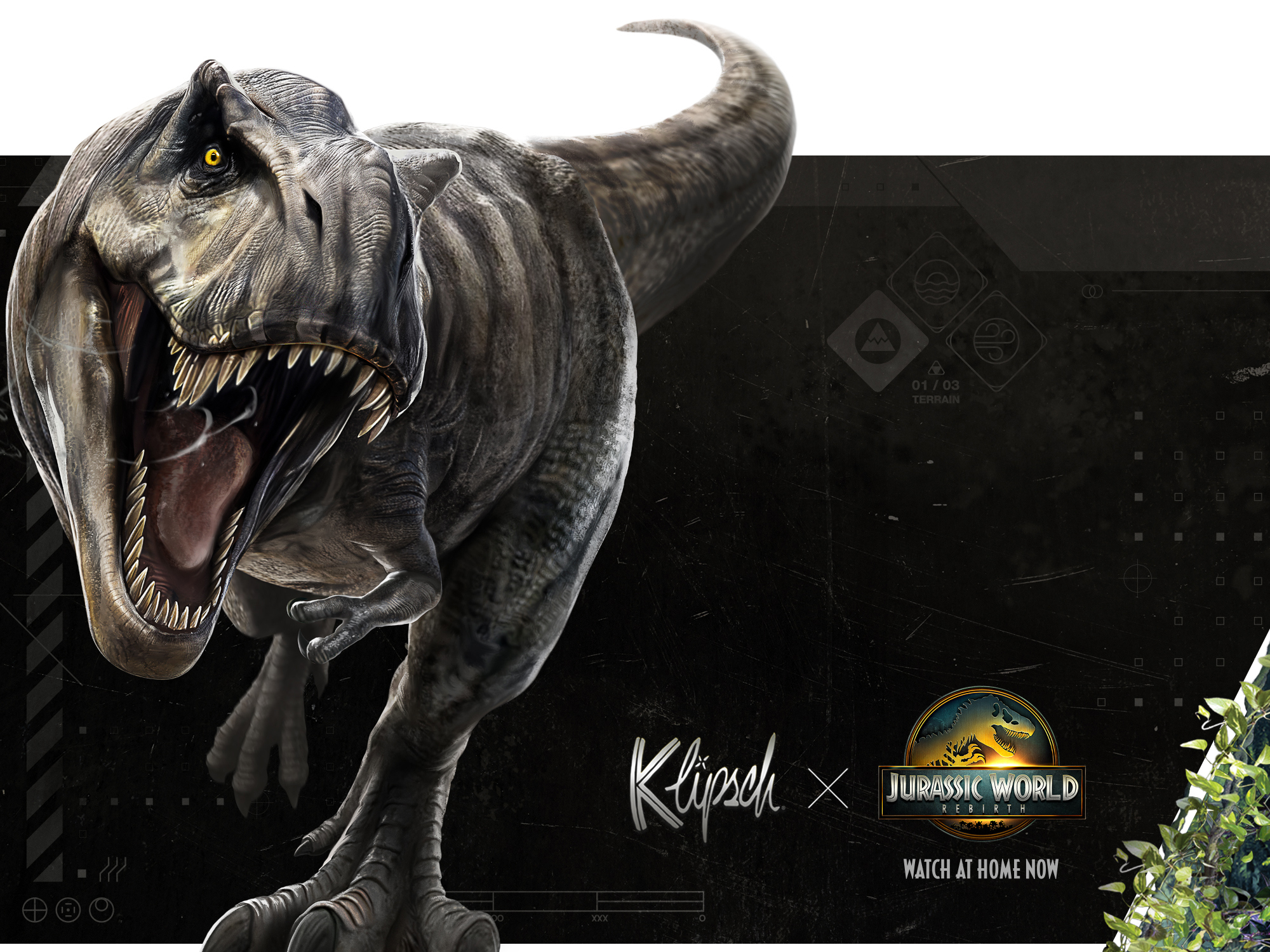 Klipsch x Jurassic World Rebirth NA 1 T Rex running at the screen with logos to the side NA At Home 2000x1500