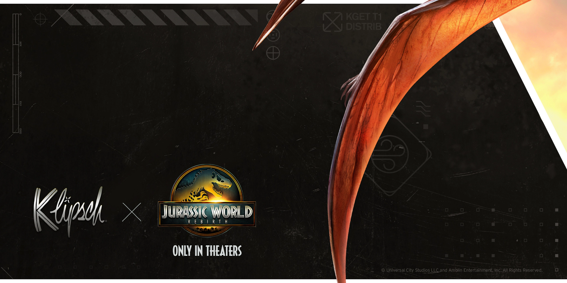 Klipsch x Jurassic World Rebirth NA 7 Logos beside bottom of Quetzalcoatlus wing 2000x1000