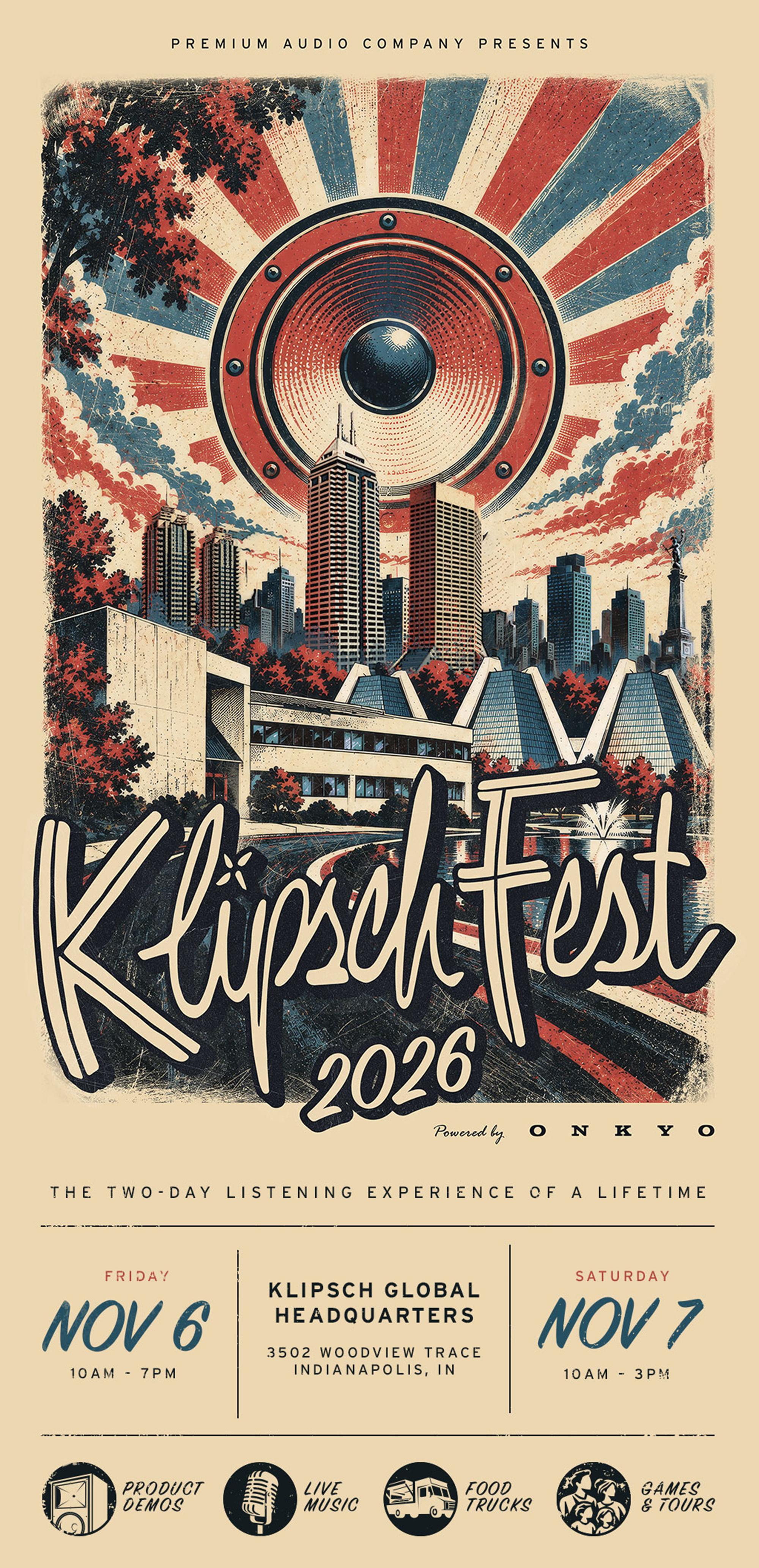 Klipsch Fest LP Nov 6 and 7 2026 at Klipsch Global Headquarters Product Demos Live Music Food Trucks Games Tours MOBILE