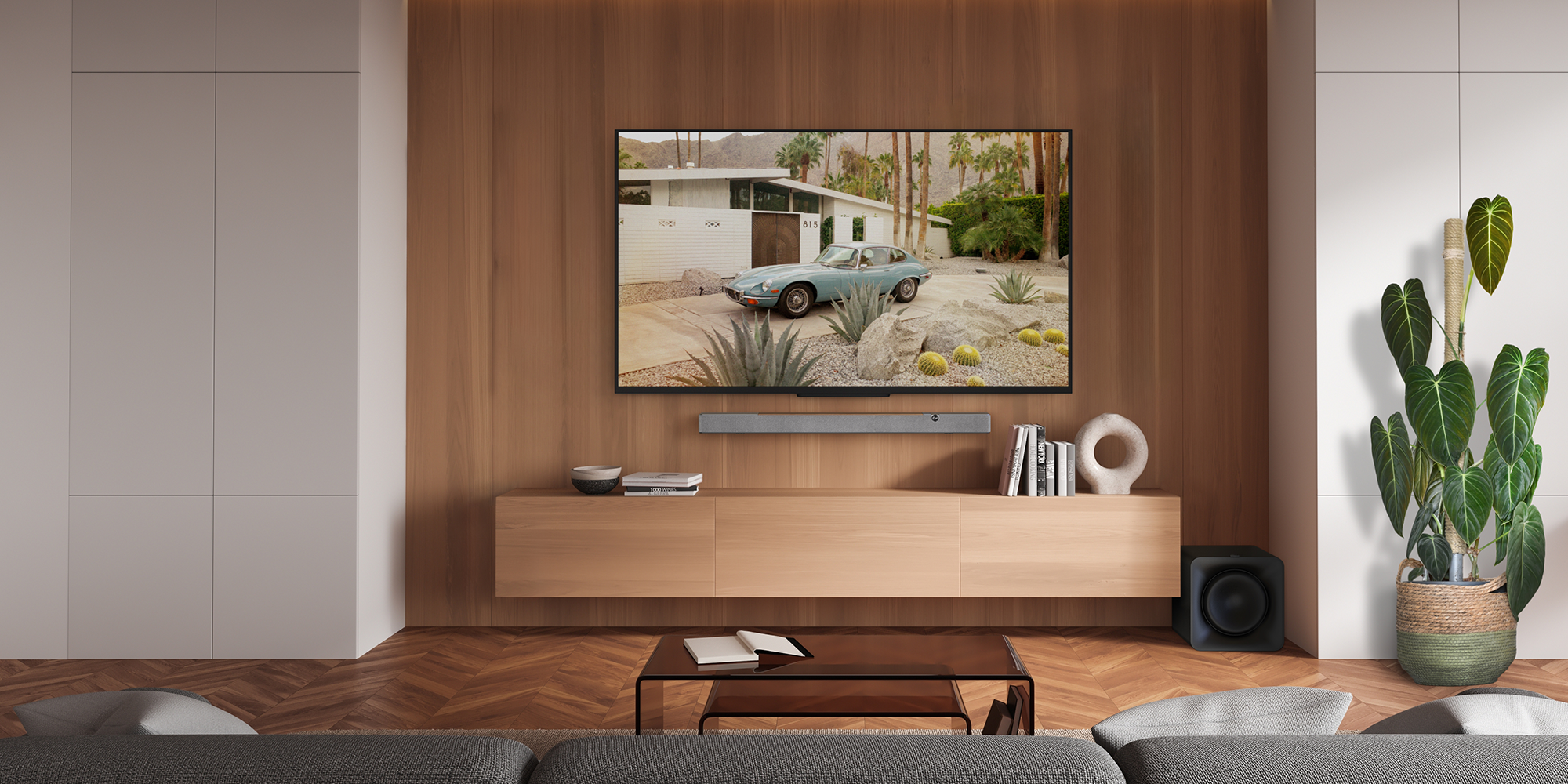 Klipsch Flexus CORE 200 WN and SUB 100 in modern room with warm wood touches 2000x1000