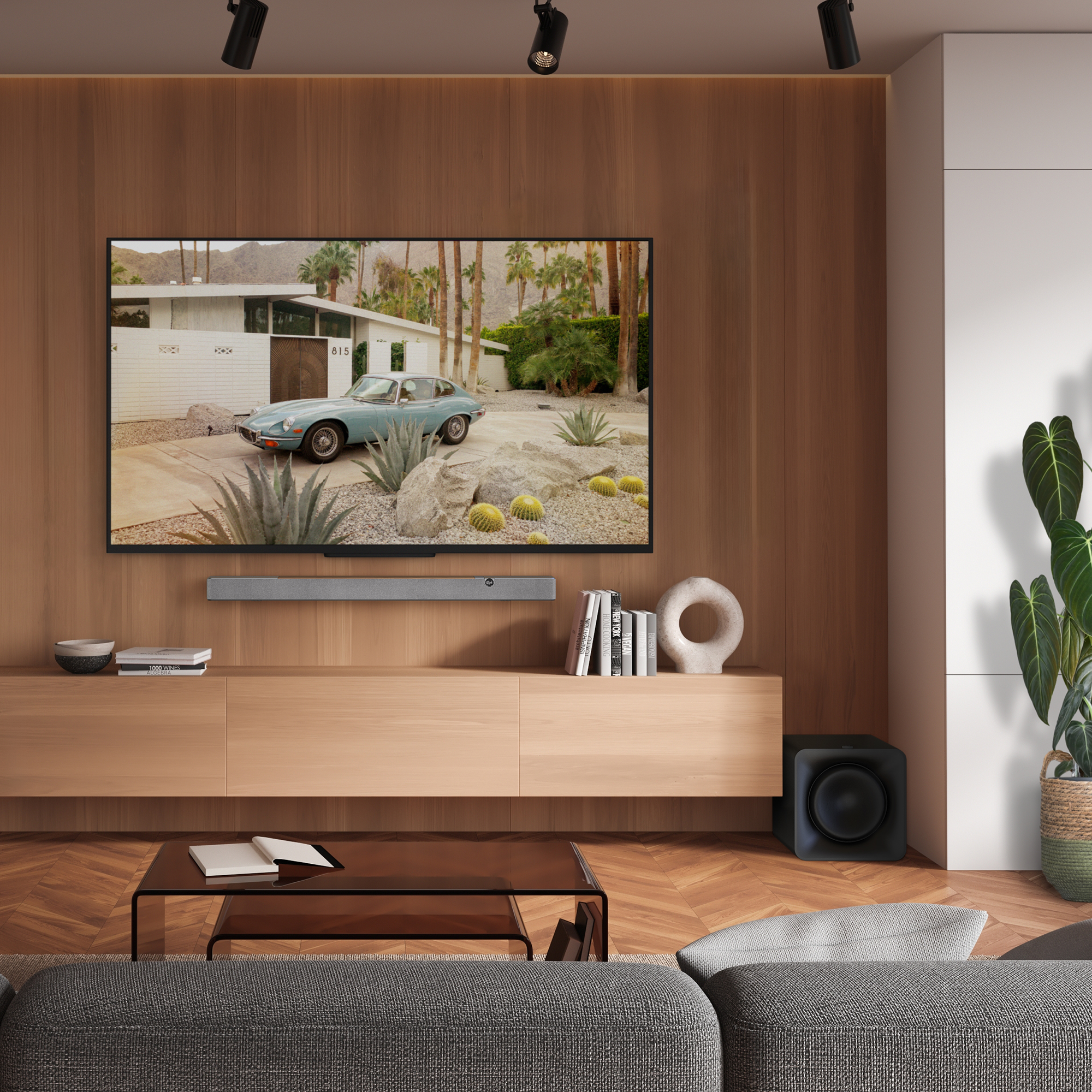 Klipsch Flexus CORE 200 WN and SUB 100 in modern room with warm wood touches 2000x2000