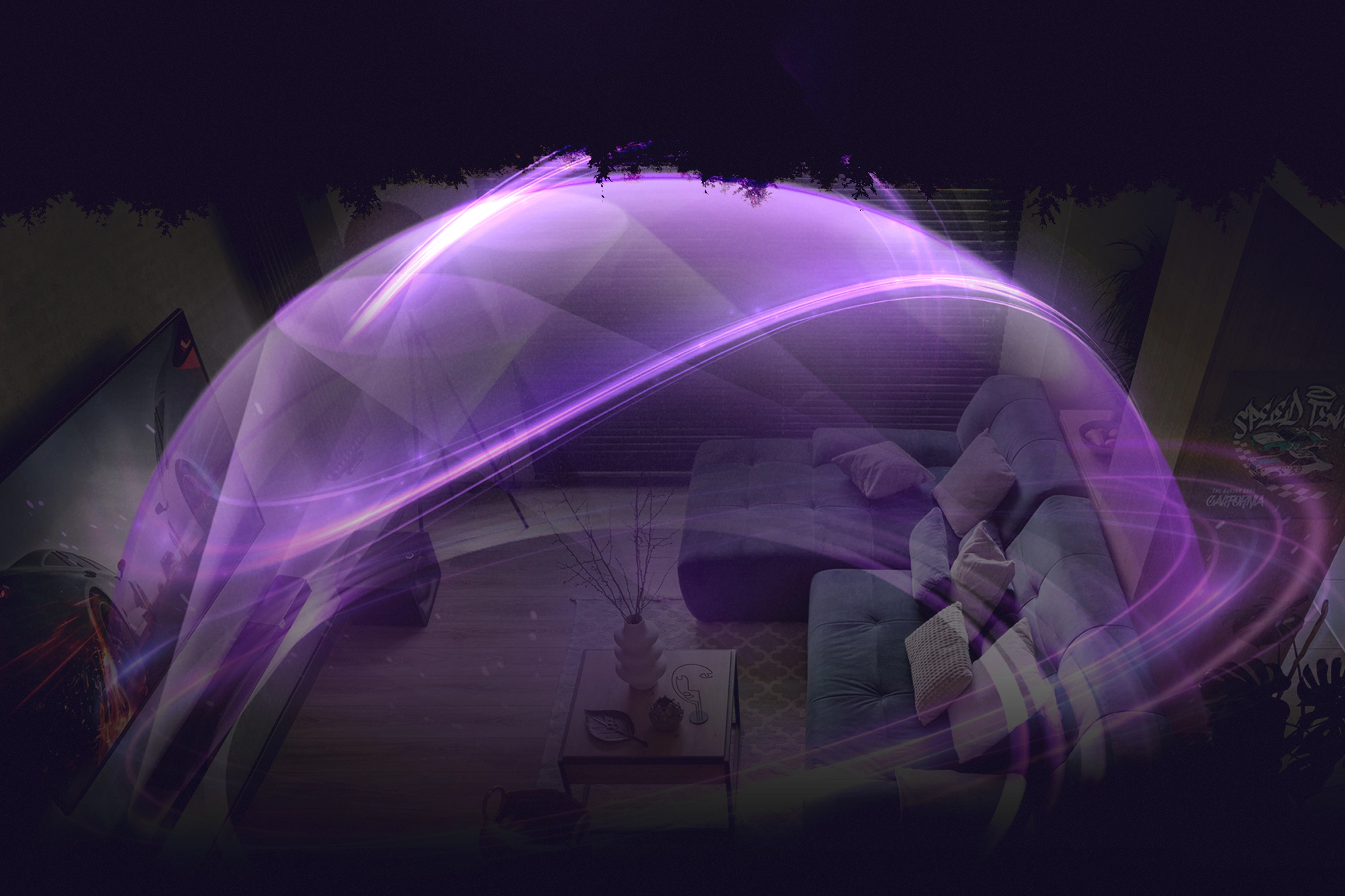 Klipsch Flexus Sound System with powerful purple magic surrounding 2000x1333