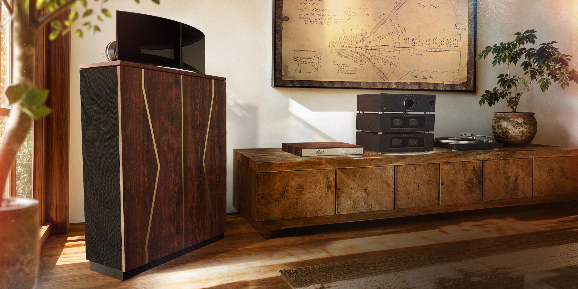 Klipschorn 80th 01 up close in sun soaked living room with modern Americana design 2000x1000