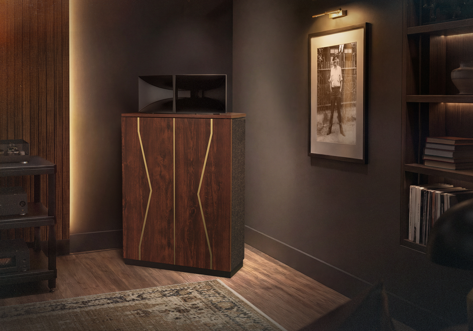 Klipschorn 80th in moody listening room with art on wall 2000x1400