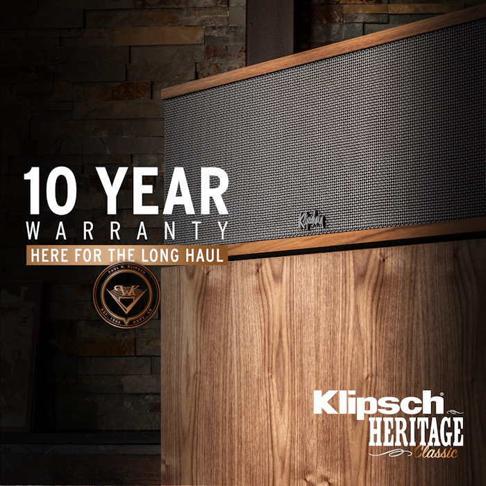 Klipschorn with the 10 year warranty and Klipsch Heritage Classic logos overlaid on the image