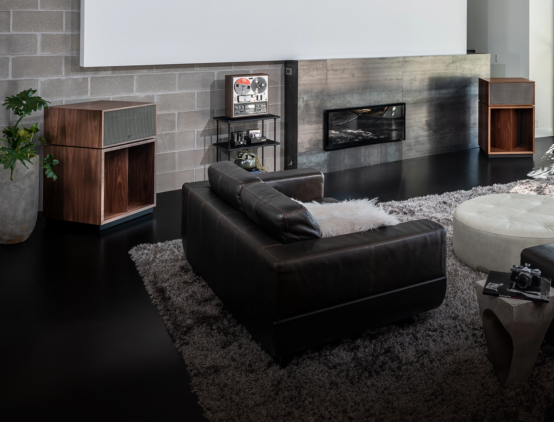 La Scala Hero Image speaker pair in loft listening lounge 2000x1525