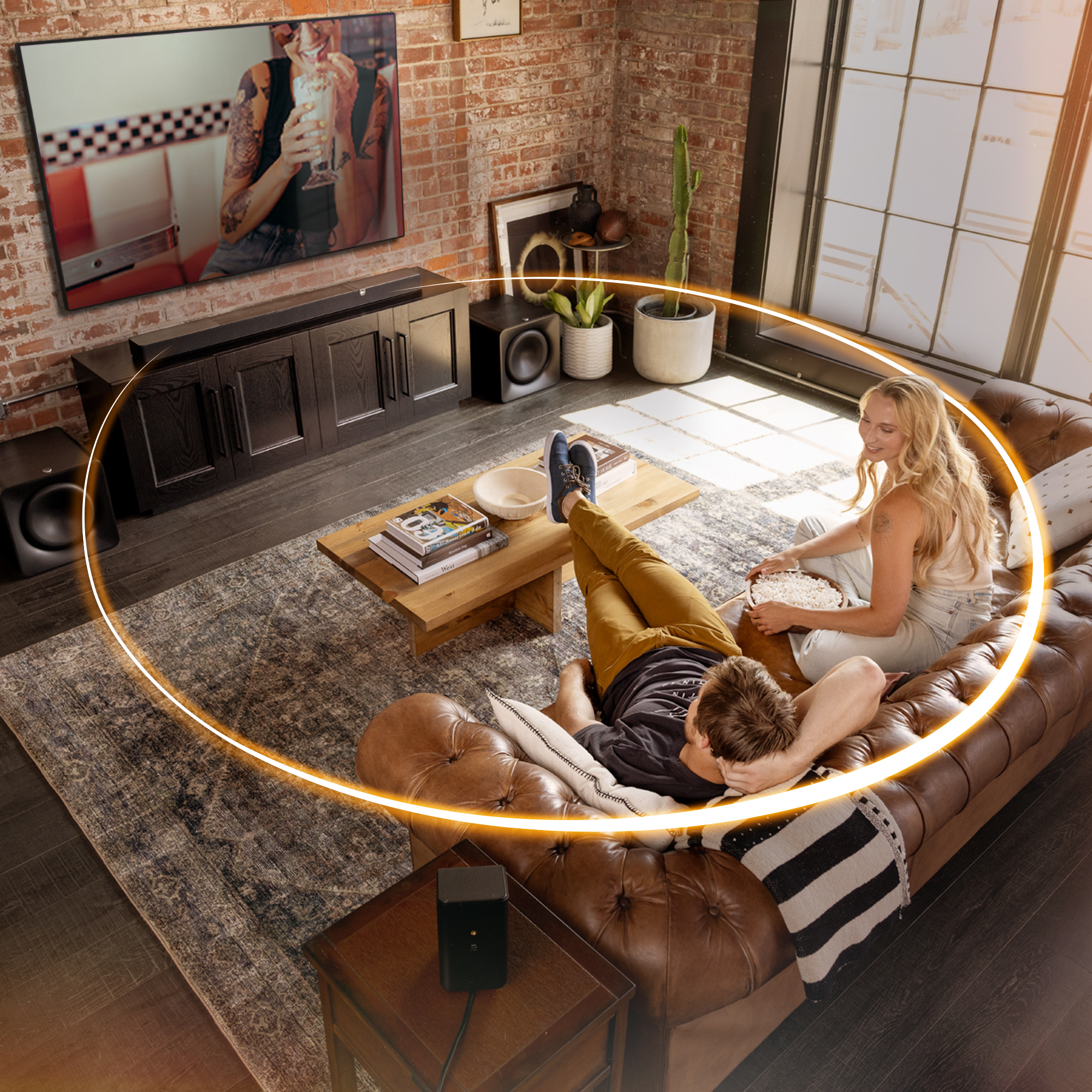 Living room image showing Klipsch Core 300 and the sweet spot with Dirac Live calibration 2000x2000