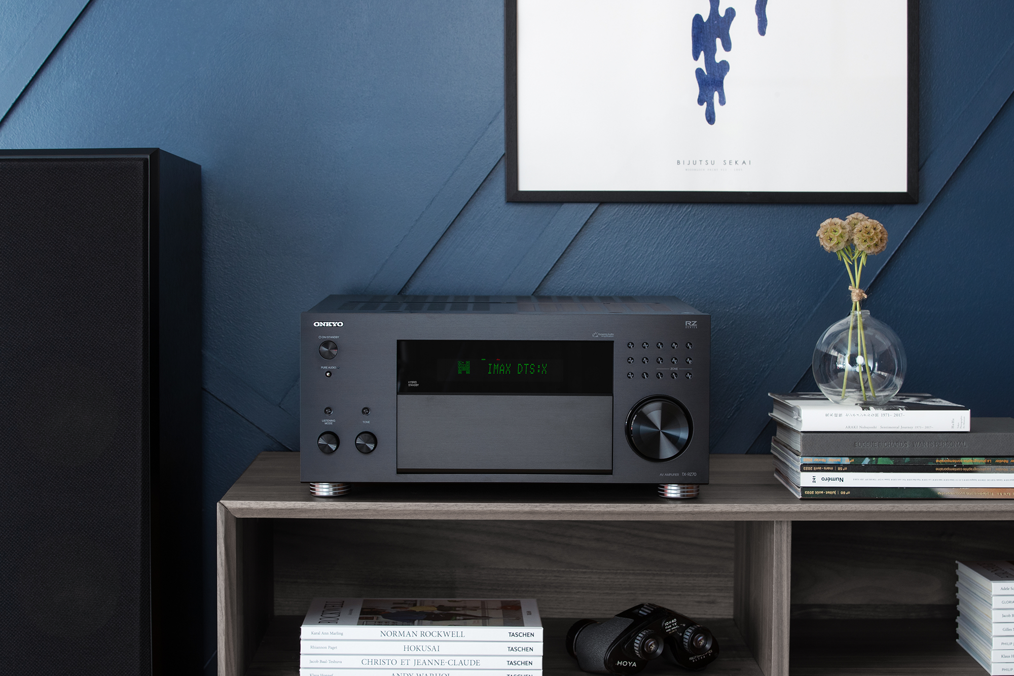 ONKYO RZ 70 with klipsch speakers in ebony on blue wood wall 2000x1333