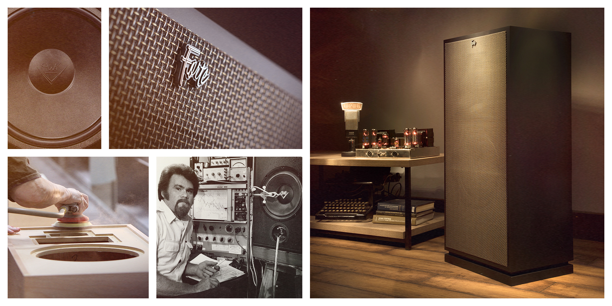 1985 Klipsch History Collage of images Forte speaker up close Klipsch Forte being sanded by hand archive imagery of engineering 2000x1000