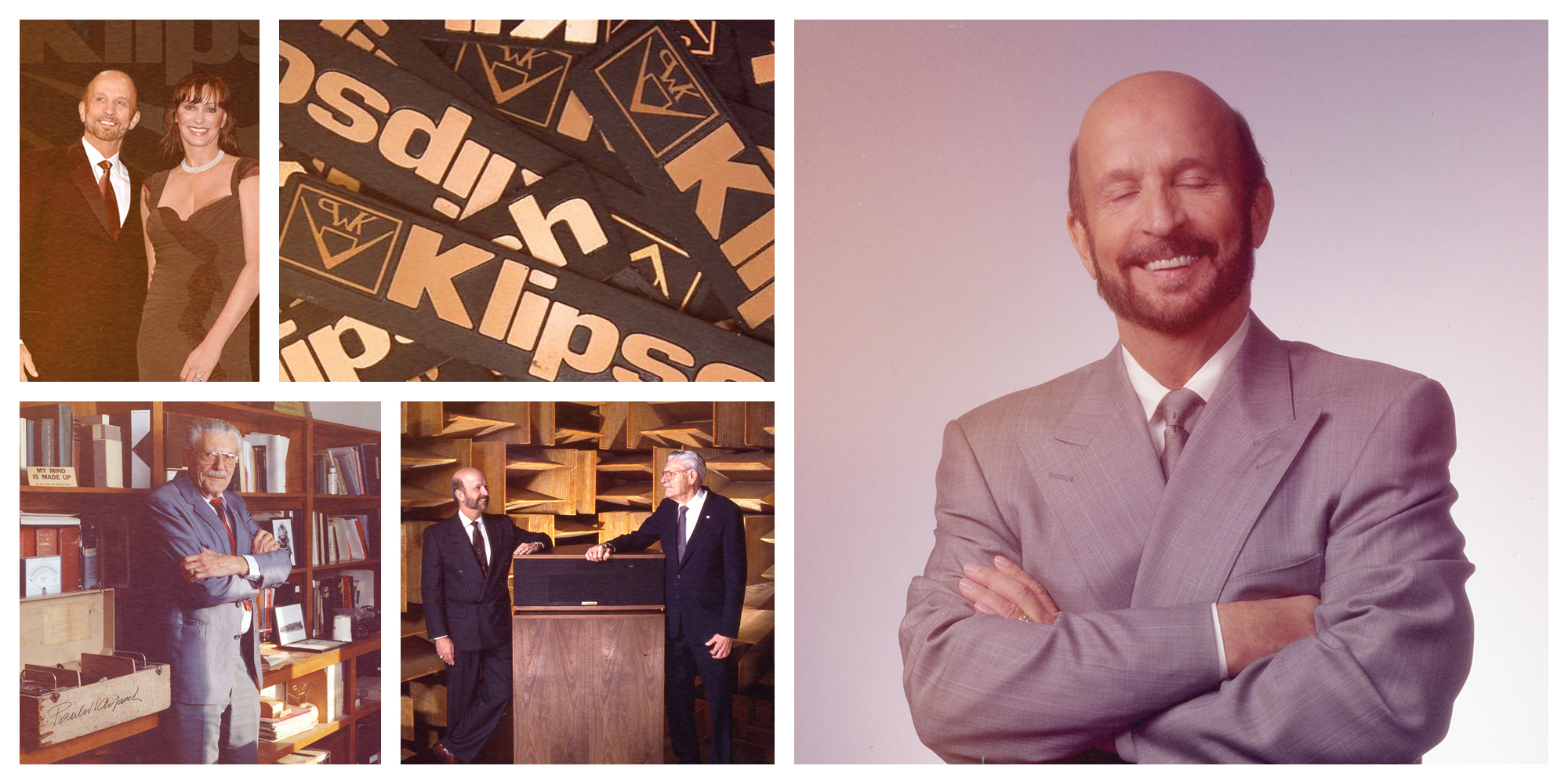 1989 Klipsch History Collage Images of Fred and Judy Klipsch Paul Klipsch standing beside Klipschorn with Fred Klipsch Klipshc logos in pile 2000x1000