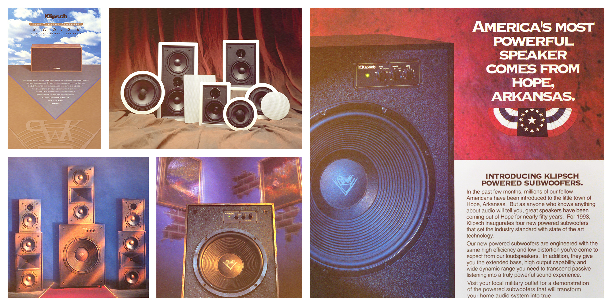1995 Klipsch History Collage Product images and Americana advertisement or architectural speakers 2000x1000