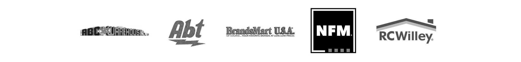 Klipsch Flexus Dealer Logos in greyscale ABC Warehouse ABT Brands Mart USA NFM RC Willey 2000x240