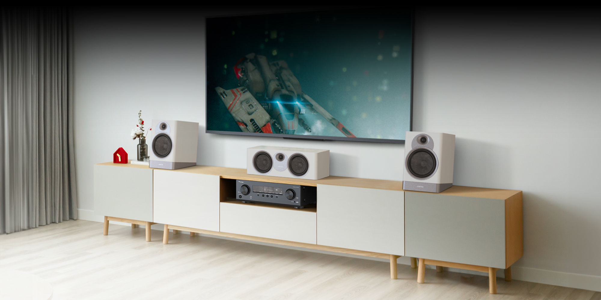 Pioneer VSX 535 on modern tv console overlay top 2000x1000