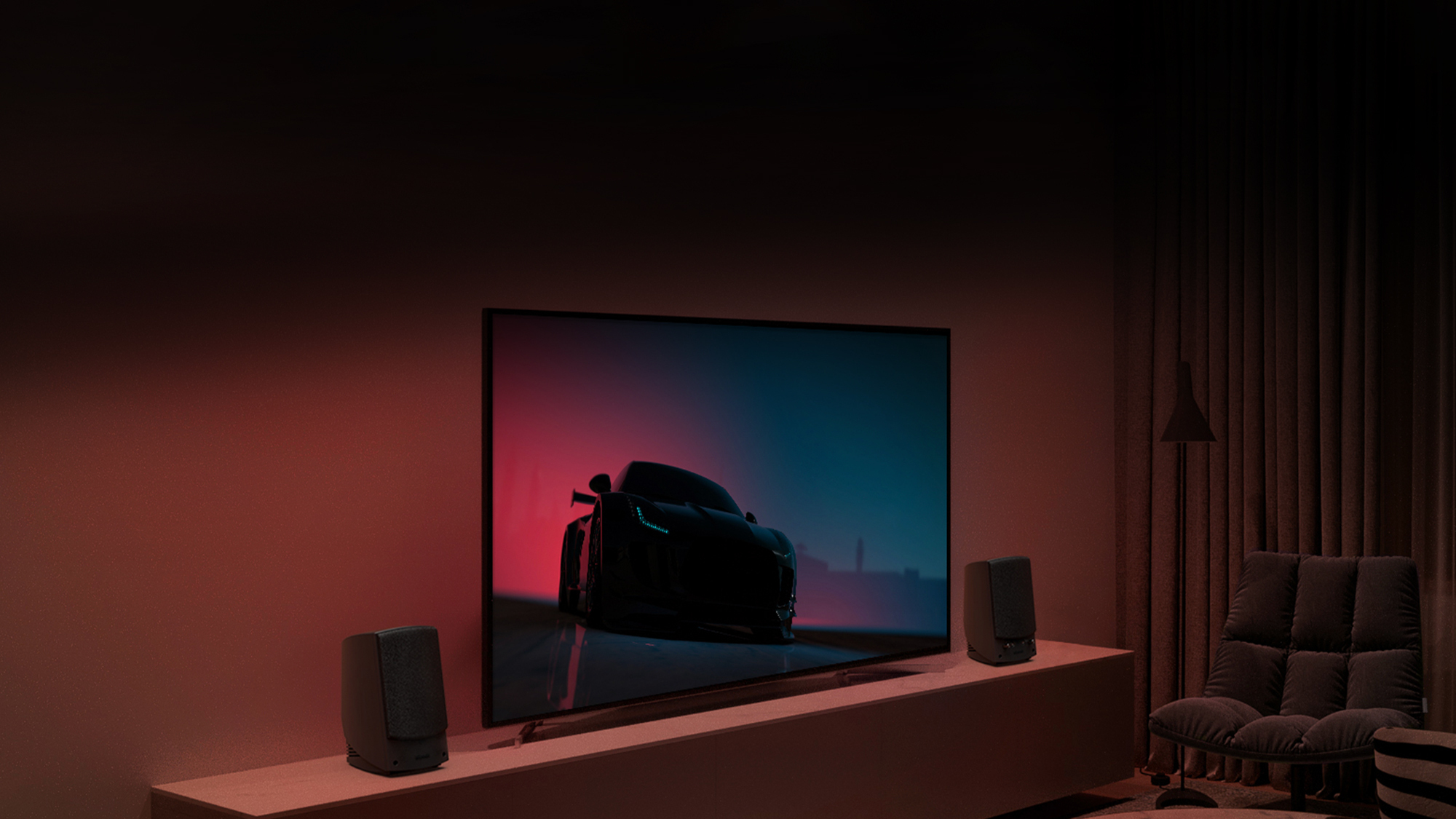 Pro Media 2 0 in a small living room next to a TV 2