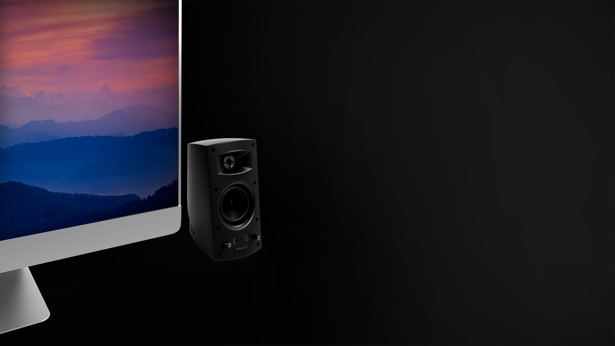 Pro Media 2 0 speaker with grille off next to a monitor