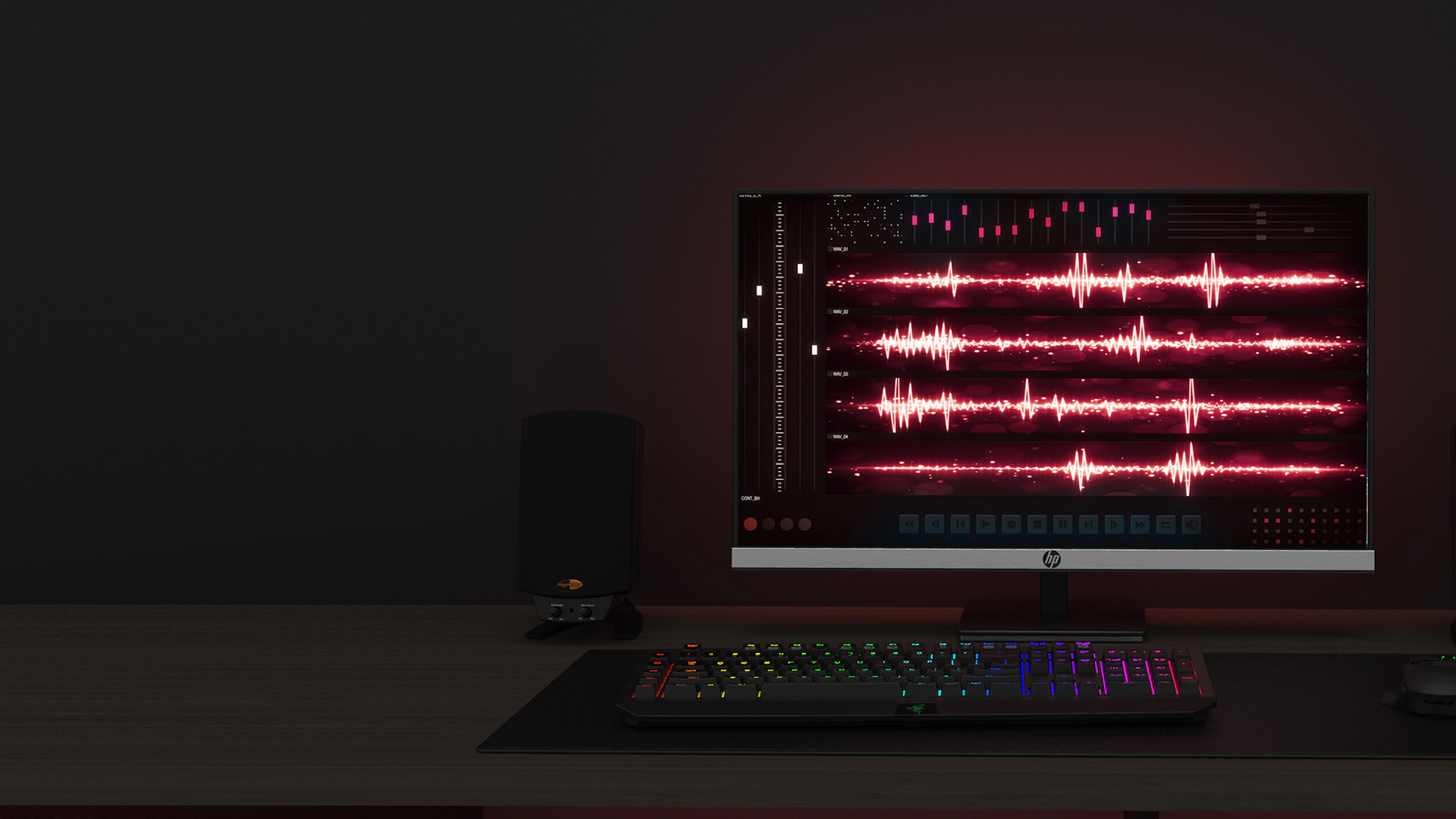 Pro Media 2 1 THX speaker next to computer monitor and keyboard desktop