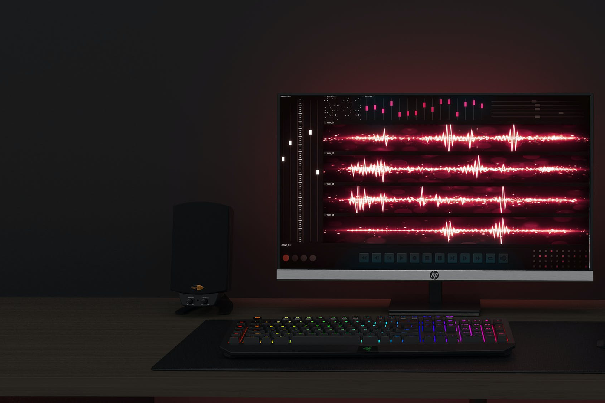 Pro Media 2 1 THX speaker next to computer monitor and keyboard desktop 2000x1333