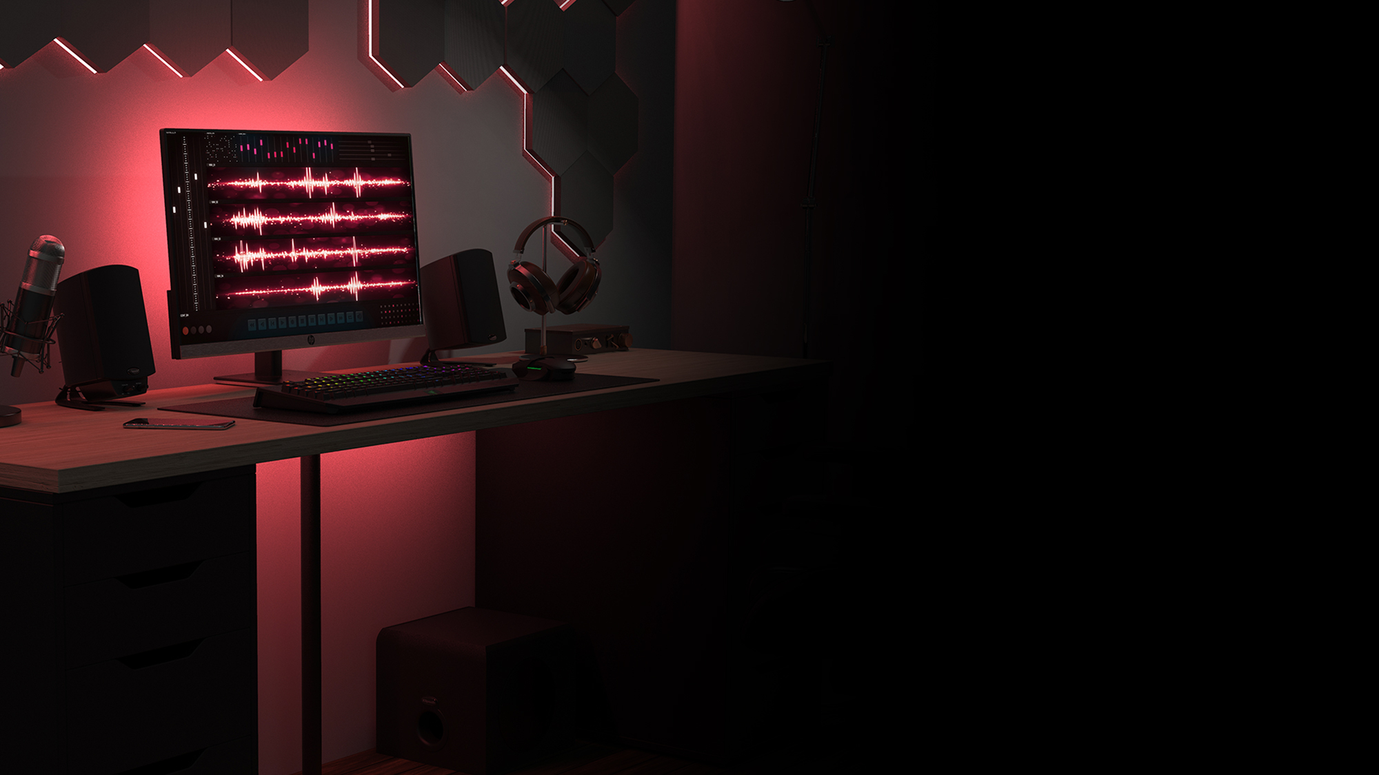 Pro Media 2 1 THX speakers on a computer desk desktop