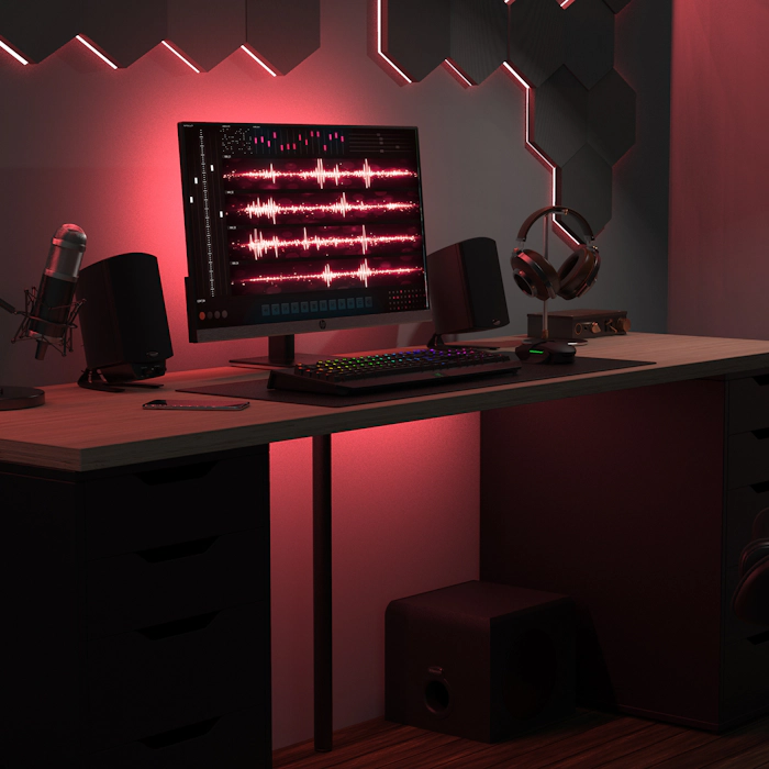 Pro Media 2 1 THX speakers on a computer desk mobile