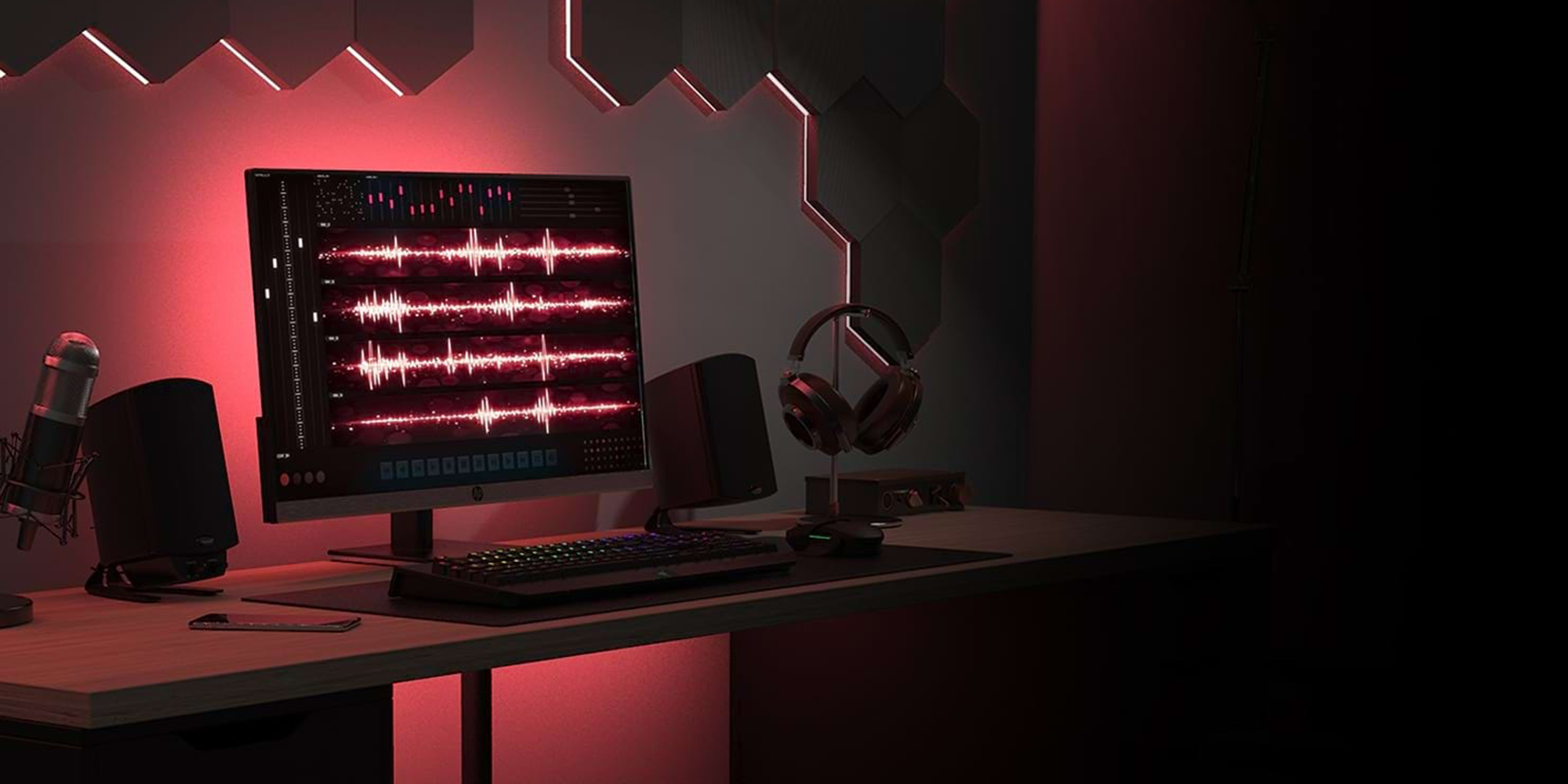 Pro Media 2 1 THX speakers on a computer desk 2000x1000