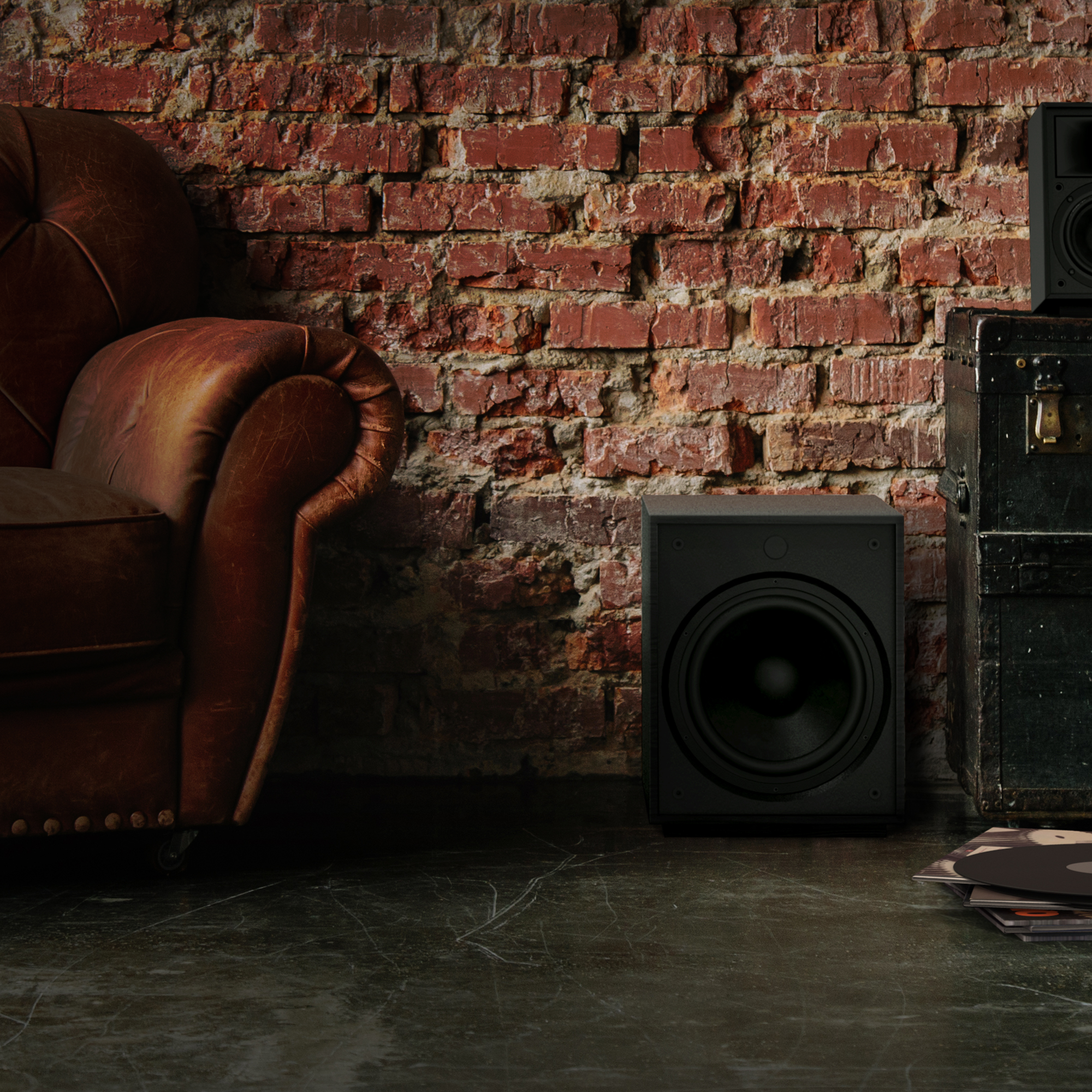 Pro Media Heritage 2 1 Subwoofer between a sofa and a chest and in front of a brick wall mobile