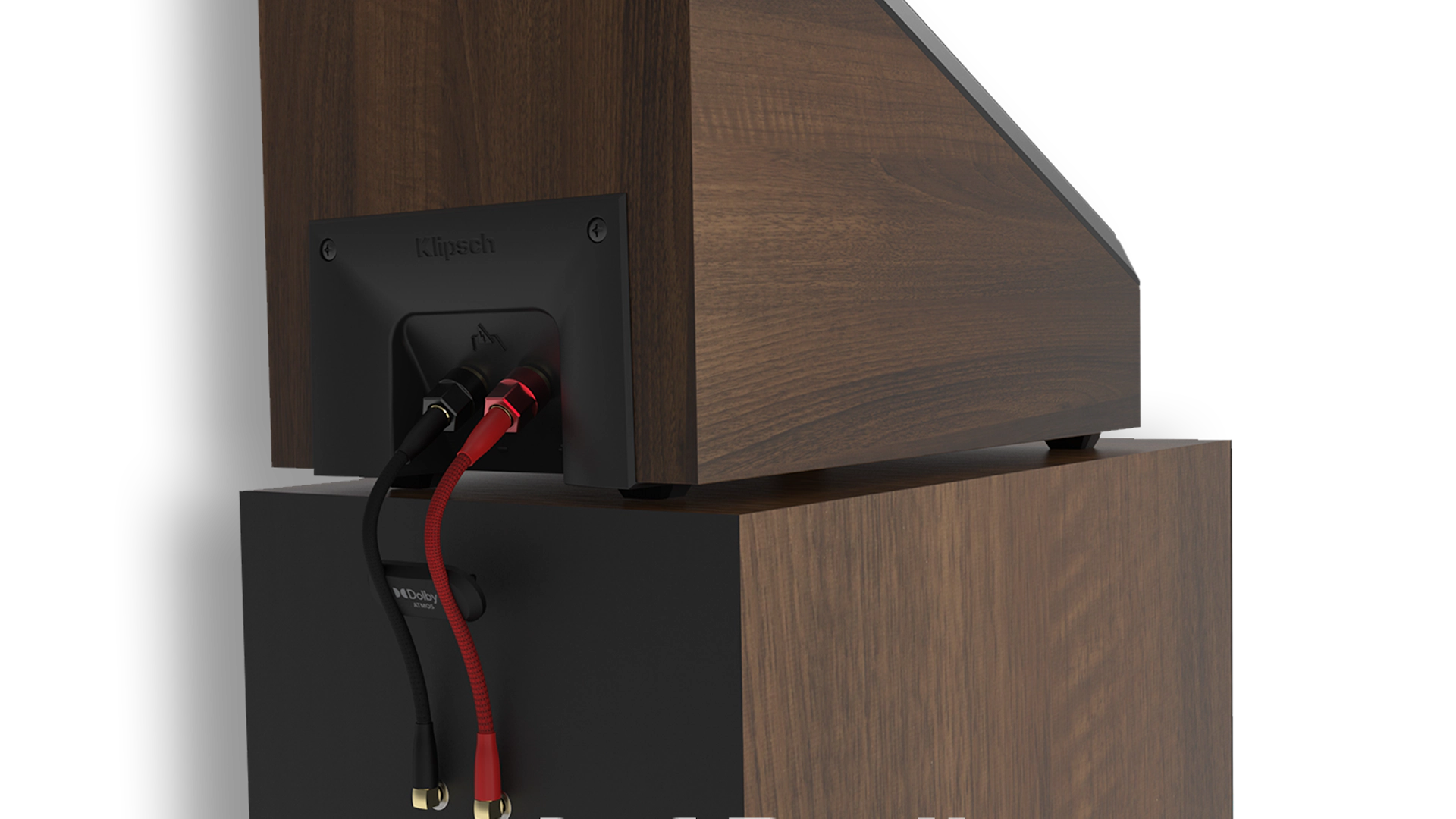 RP 5000 F II rear view displaying connections to an RP 500 SA Dolby Atmos elevation speaker with Dolby Atmos logo mobile