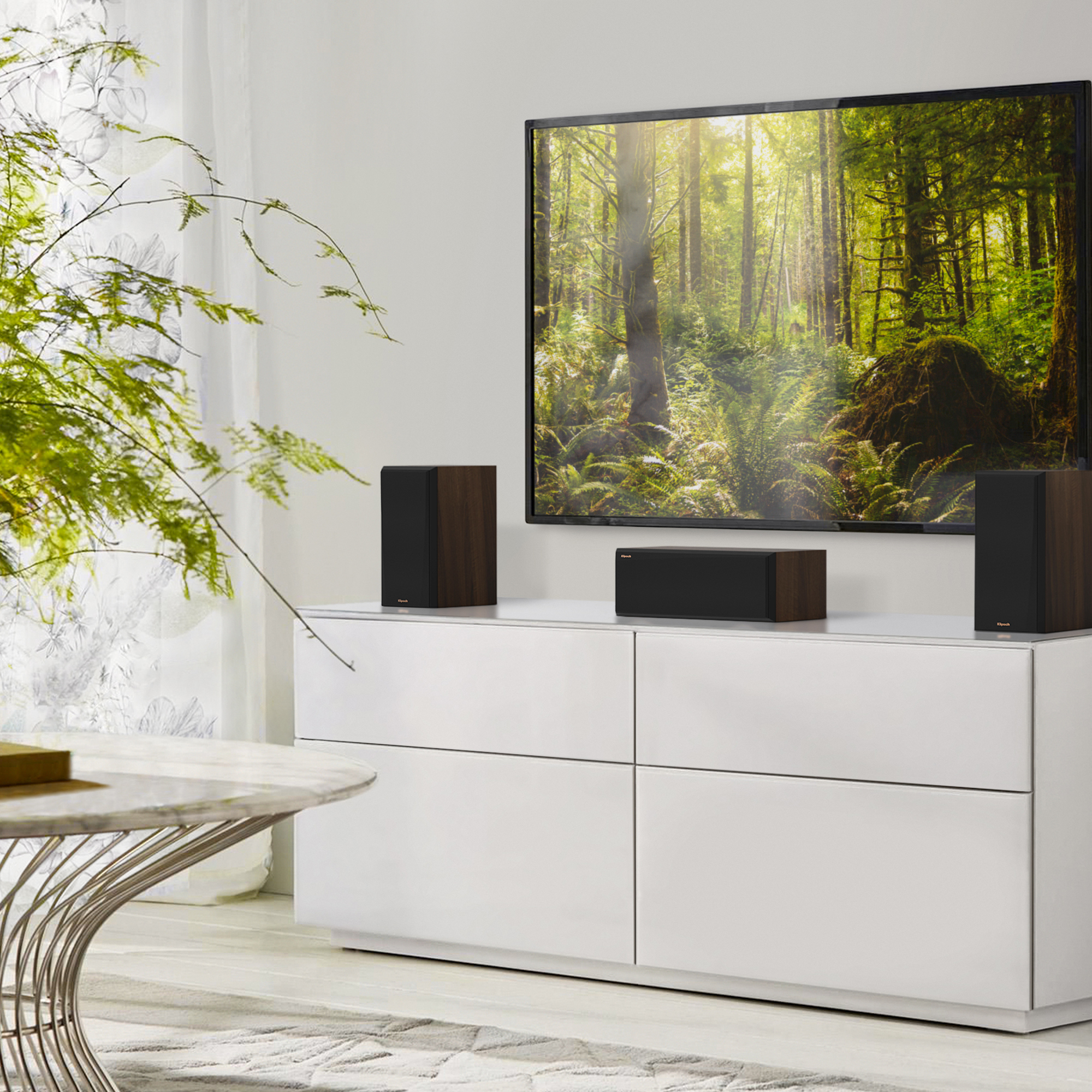 RP 500 C II center channel speaker with RP 500 M II on a grey white credenza Mobile 1