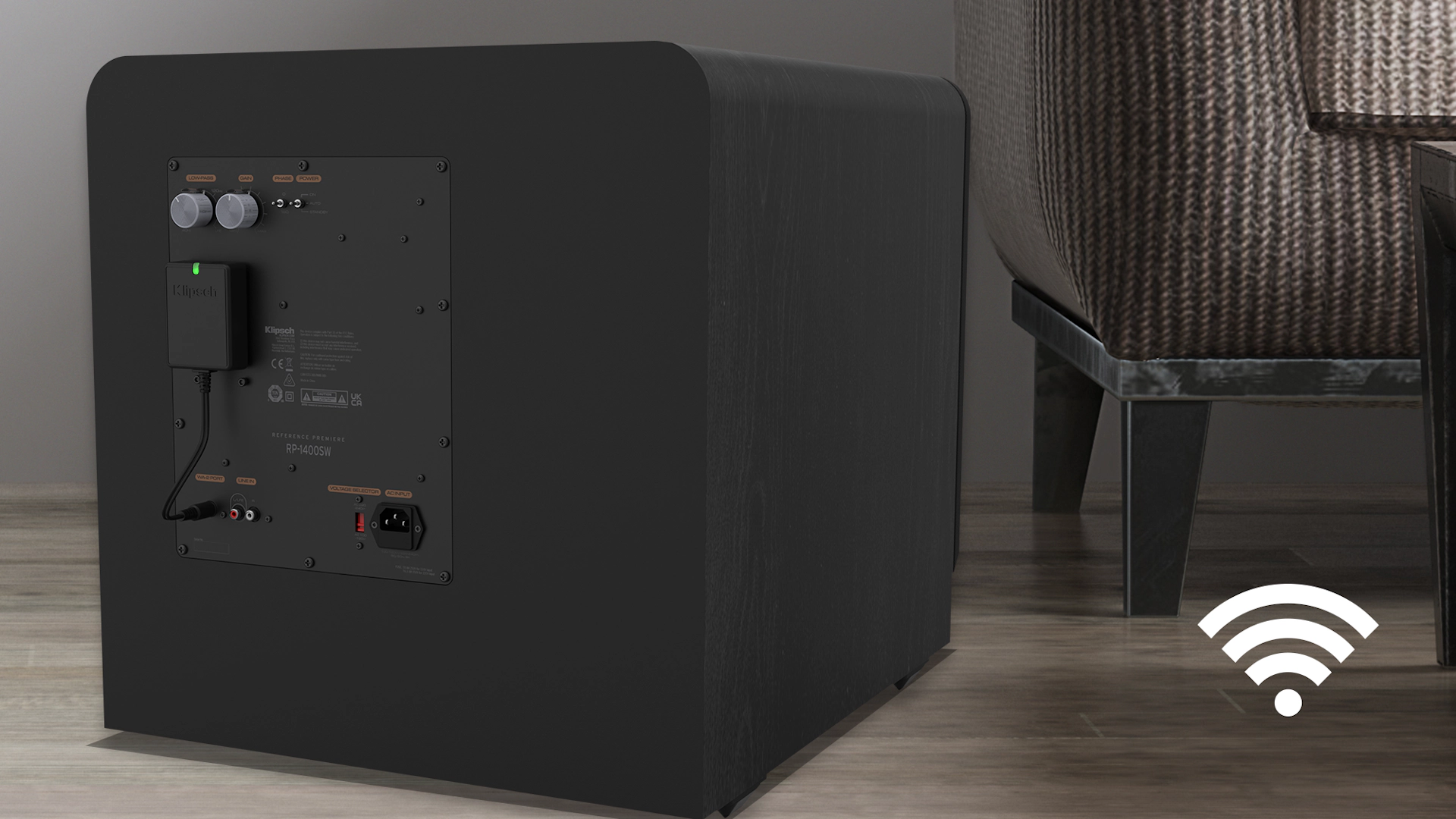 Rear view of a RP 1400 SW with a WA 2 Wireless Subwoofer Kit installed