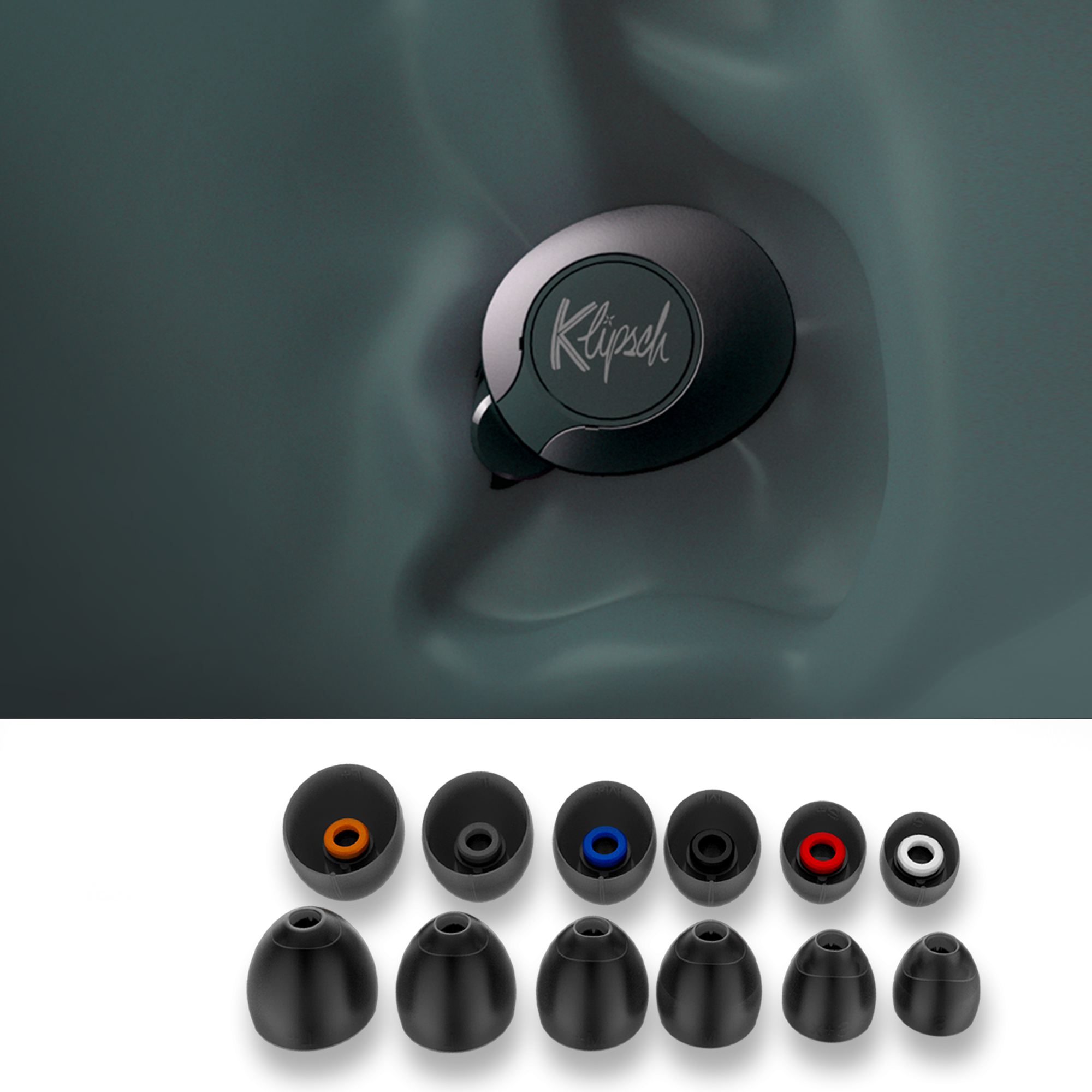 Six pairs of Color Coded oval comfort fit ear tips under an illustration of a Klipsch T5 II True Wireless ANC Earphone positioned in an ear Mobile updated