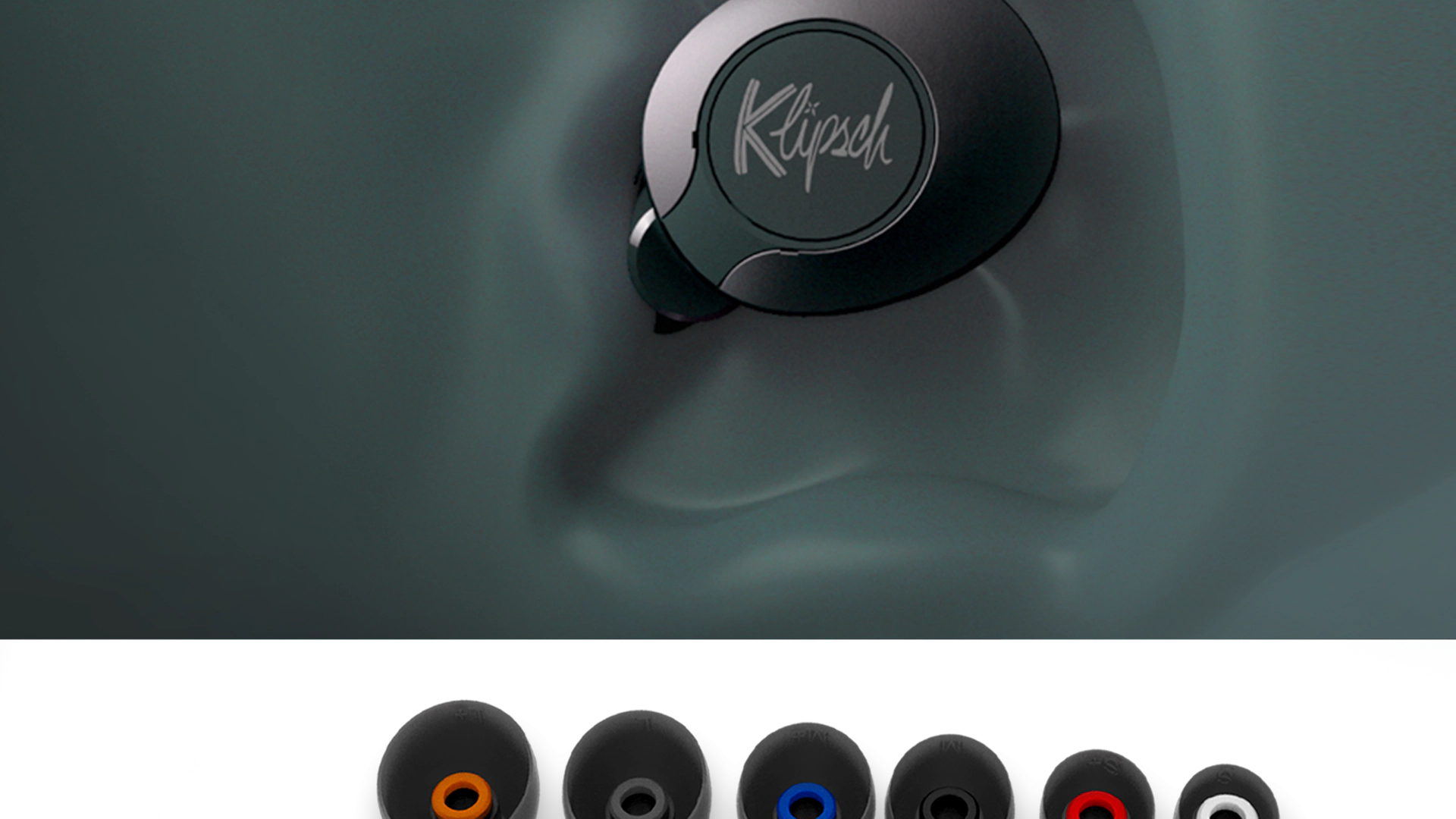Six pairs of Color Coded oval comfort fit ear tips under an illustration of a Klipsch T5 II True Wireless ANC Earphone positioned in an ear Mobile updated