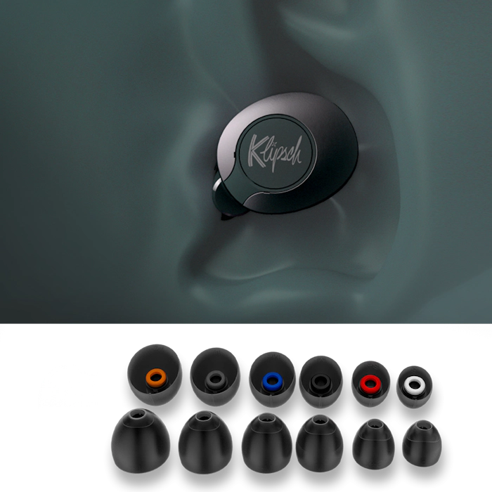 Six pairs of Color Coded oval comfort fit ear tips under an illustration of a Klipsch T5 II True Wireless ANC Earphone positioned in an ear Mobile updated