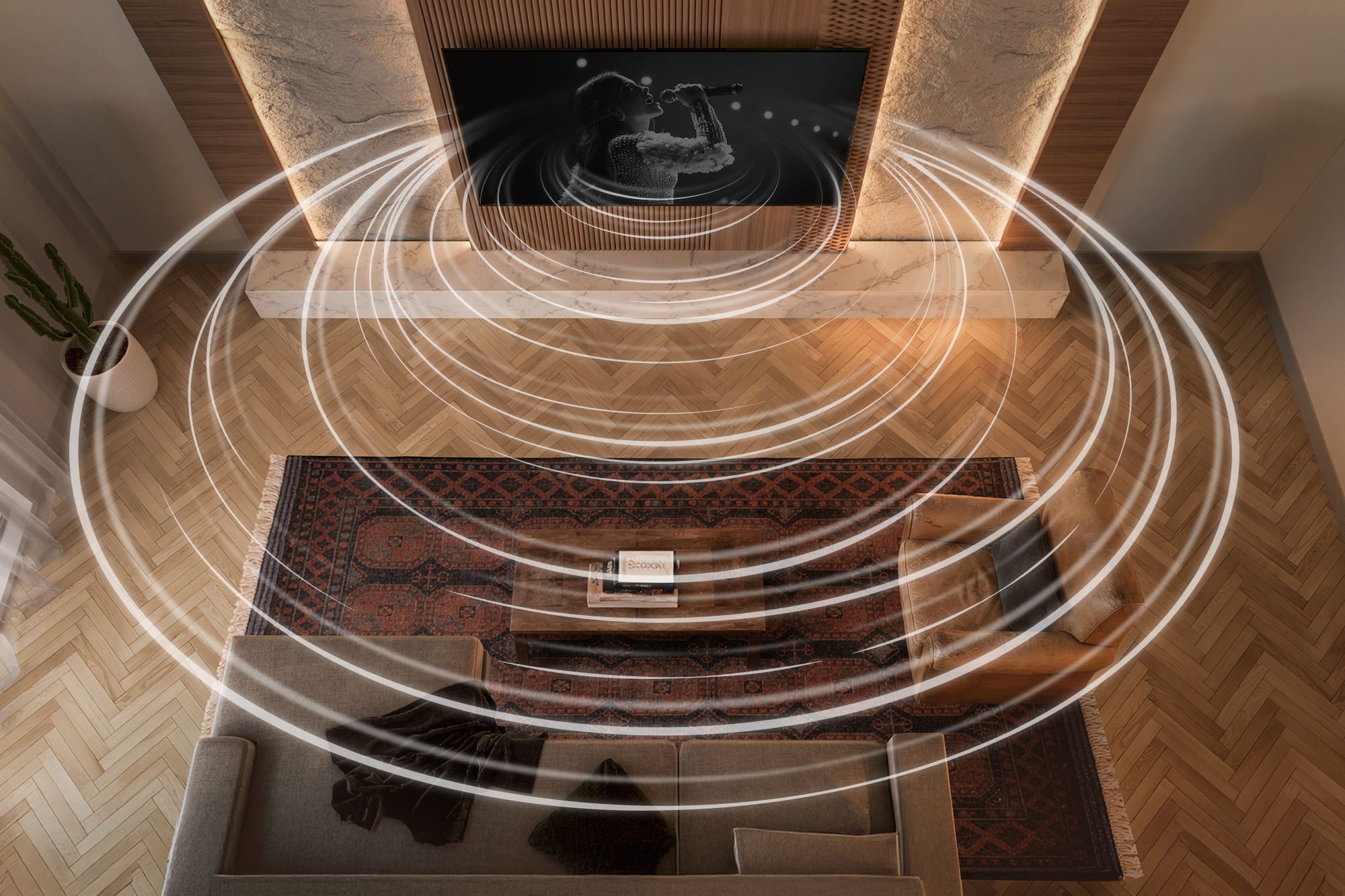 Stylish room from overhead showing Dirac Live calibrated and harmonious music lines 2000x1333 mobile