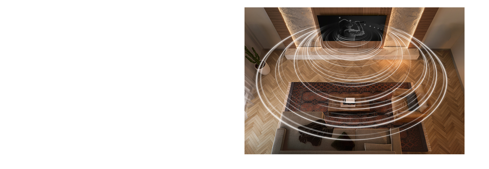 Stylish room from overhead showing Dirac Live calibrated and harmonious music lines 2000x690 desktop